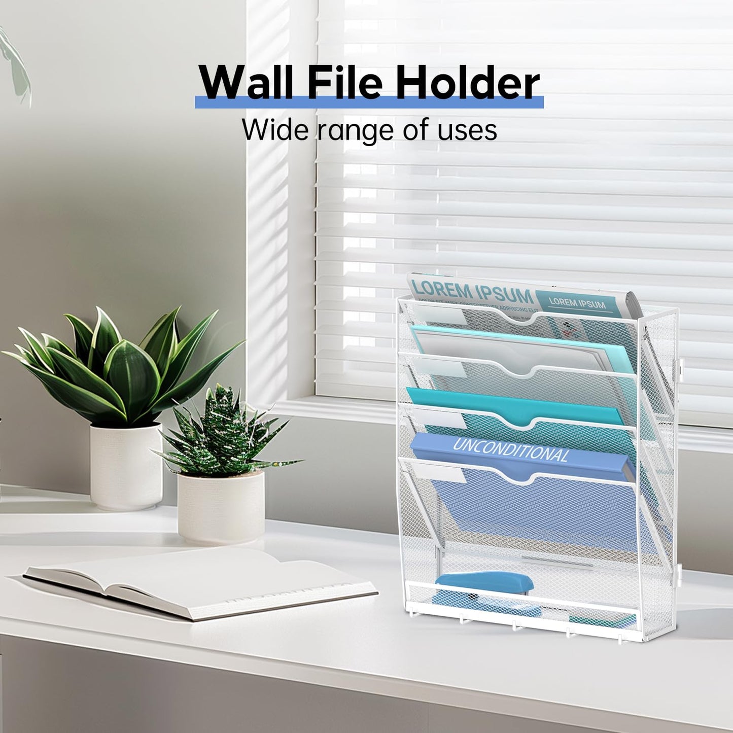 JMHUD 5 Tier Wall File Organizer - Hanging File Organizer with 5 Hooks, Mail Holder Wall Mounted for Papers, Folders, Magazines, Bills, Office&School Organization, White