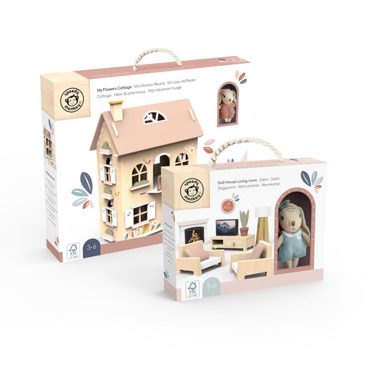 SPEEDY MONKEY Flowers Cottage Wooden Playset with Starter & Cozy Living Room Set with Bunny – FSC Wooden Dollhouse Furniture Sofa & TV | Pretend Play Doll House Accessories & Storytelling Toy for Kids