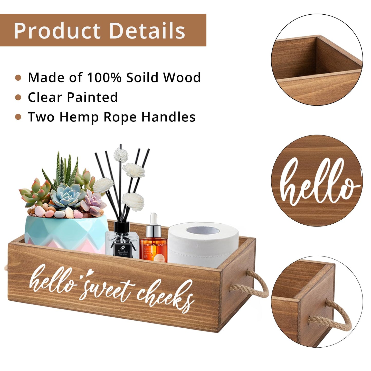 DOFAFALA MayAvenue Farmhouse Bathroom Decor Box Hello Sweet Cheeks Double Sided Wooden Toilet Paper Holder Tissue Box with Handles, Bathroom Signs (Brown)