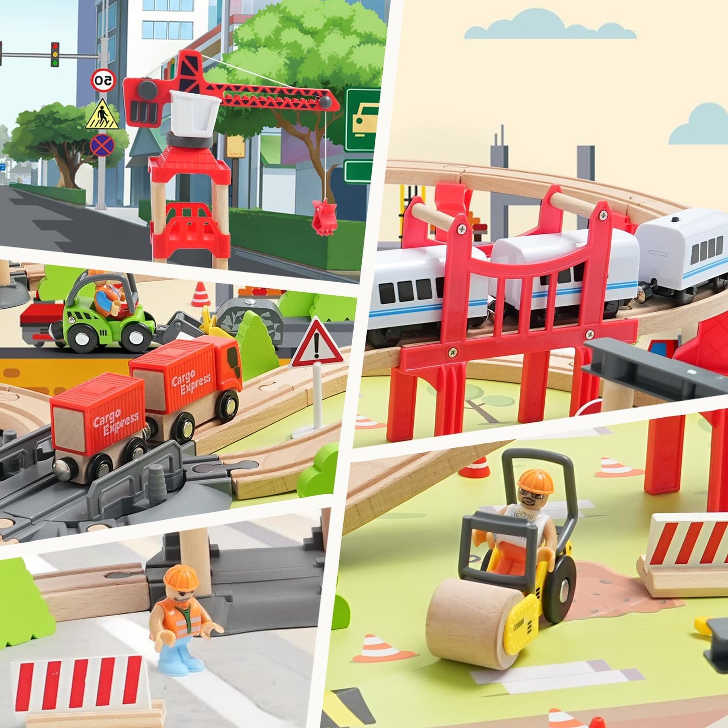 JugueteLand 104 Pcs Wooden Train Set for Toddlers, Magnetic Trains with Track for Kids Ages 3-6, Compatiable with Major Brands, Construction Railway Playset Gifts for Boys and Girls Ages 3+