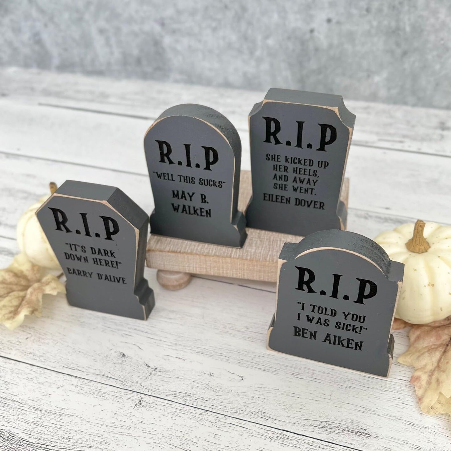 Wooden Funny Tombstone Shelf Sitter, Chunky Wooden Gravestone, Halloween Tiered Tray Decor, Halloween Mantel Decor, Halloween Table Decor (Eileen Dover)