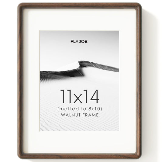 FLYJOE 11x14 Picture Frame, Natural Solid Walnut Wood Photo Frame with HD Tempered Glass, Rounded Corner Wooden Frame 11 x 14 Matted to 8x10, Horizontal or Vertical Wall Mounting