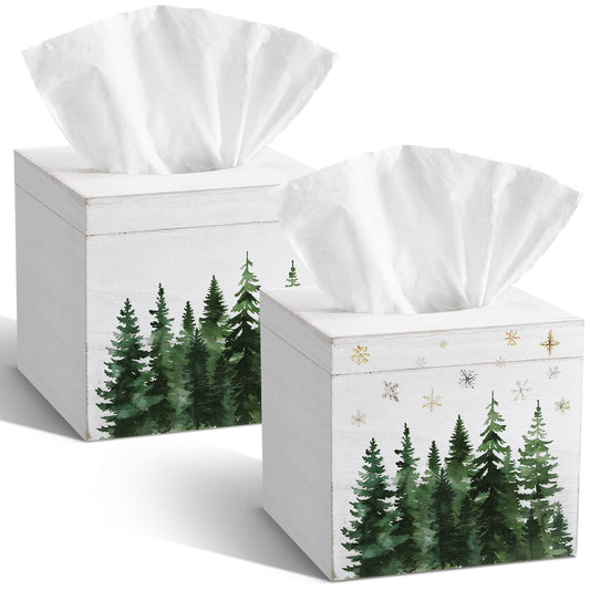Yalikop 2 Pcs Christmas Tissue Boxes Cover 6 Inch Christmas Winter Holiday Xmas Pine Trees Square Tissue Case Cover Holder T for Square Wooden Decorative for Home Living Room Bathroom Office Decor