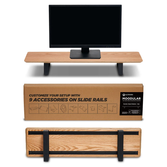 ULTRARM Moodular Wooden Monitor Stand 33.4” (85cm) Desk Organizer with Metal Slide Rails for Drawer, Tray, Laptop, Tablet, Phone & Headphones Customizable Riser for Organized Workspace Oak MS85-O