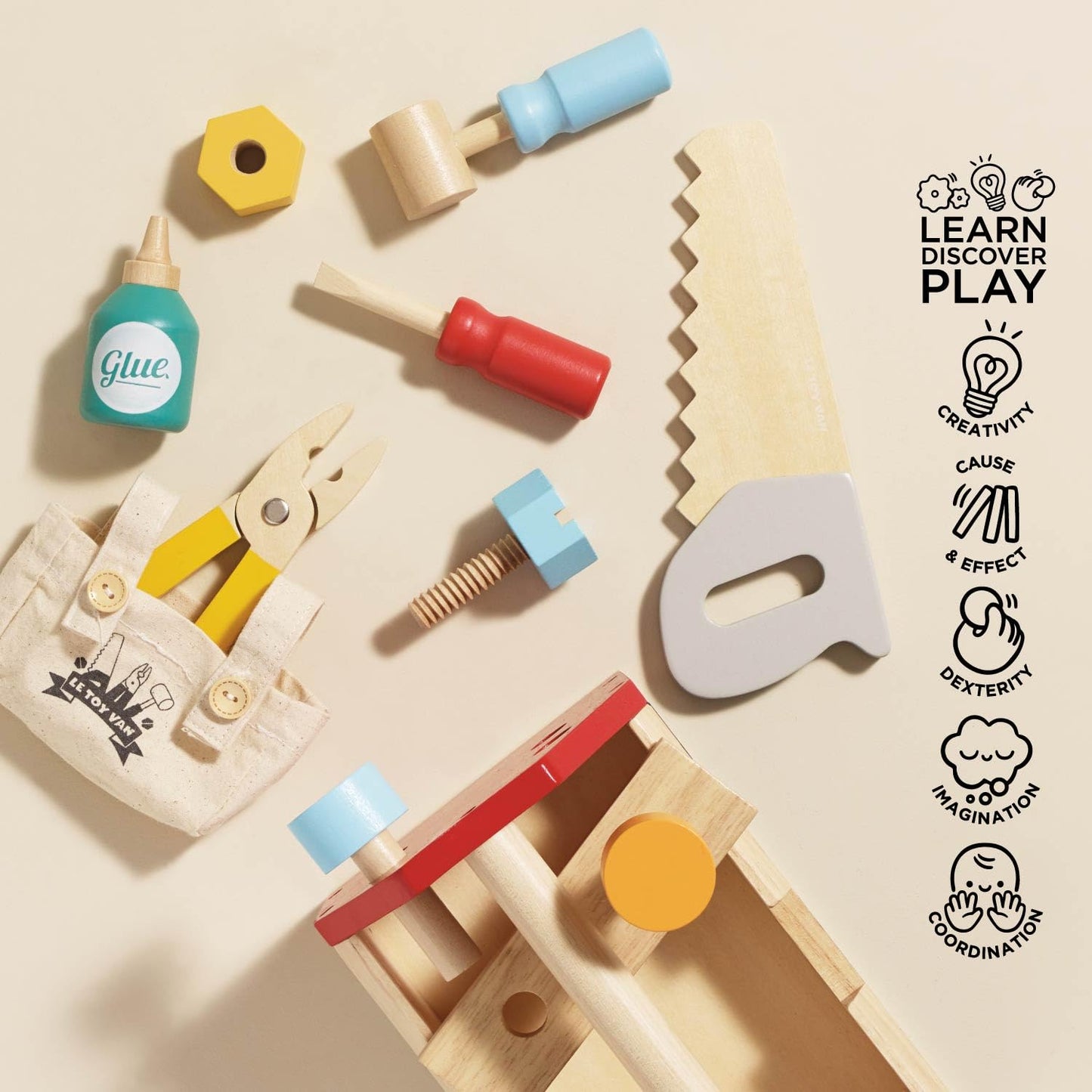 Le Toy Van - Cars & Construction Educational Wooden Tool Box Play Set for Role Play | Boys Pretend Play Wooden Tools - Suitable for 3 Year Olds and Older, Tool Box 12 Piece Set
