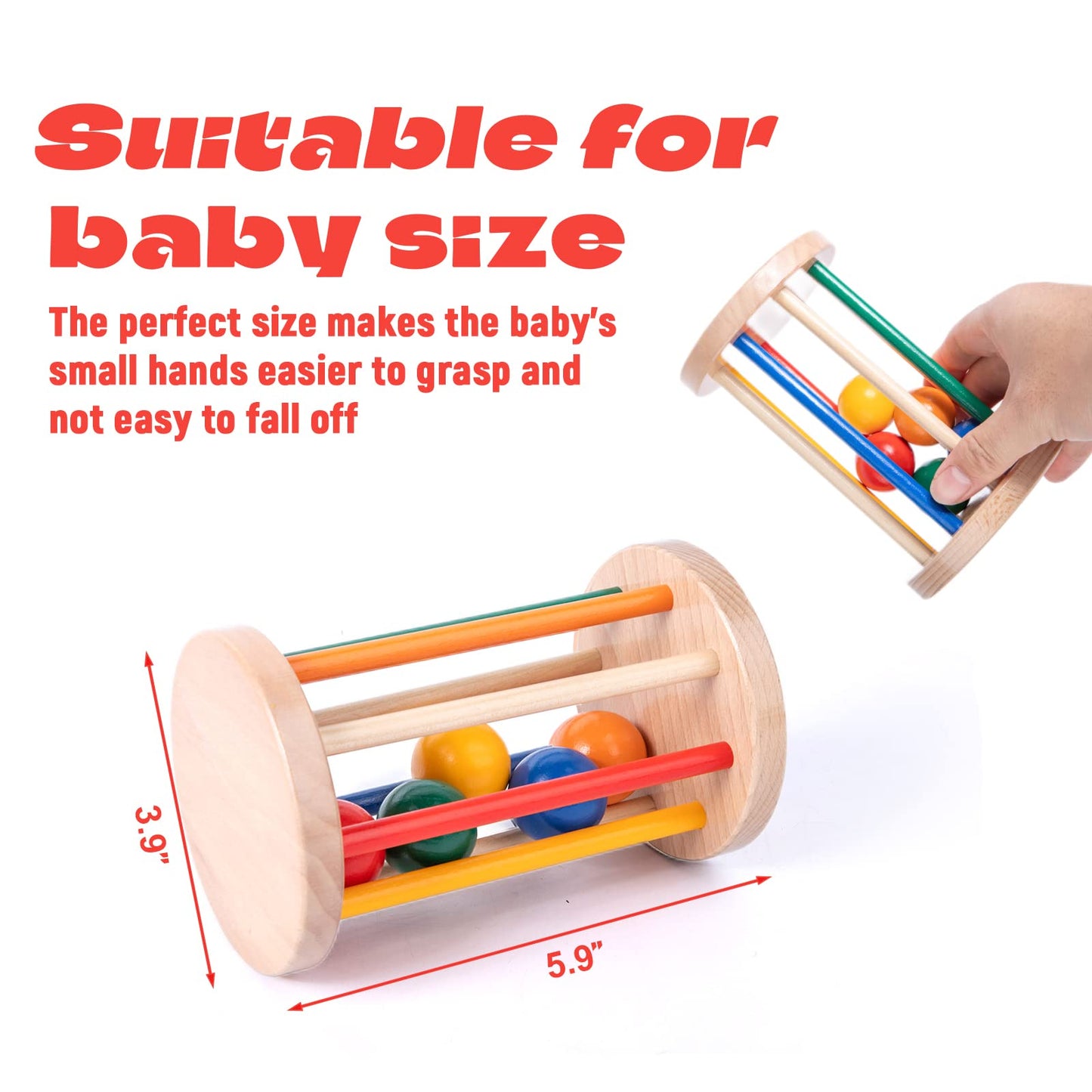 Montessori Toys for Babies 6-12 Months Wooden Rolling Drum Montssori Baby Sensory Toys for Wooden Rattle Spinning Rainbow,Boys and Girls Baby Gifts