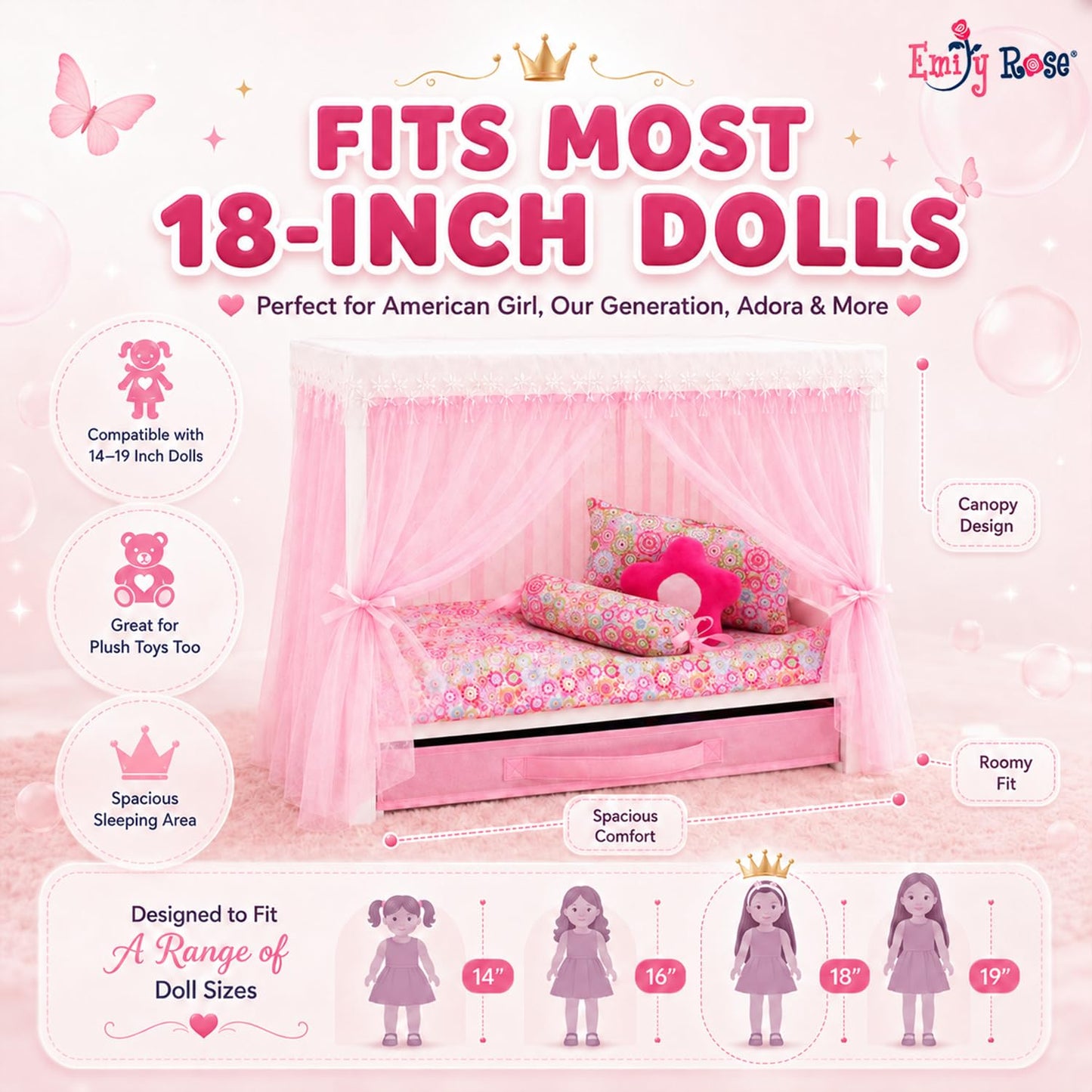 Emily Rose 18" Doll Princess Canopy Bed - White Wood with Pink Tulle Curtains, 5-PC Bedding Set & Storage Drawer - Fits American Girl Dolls - Royal Bedroom Furniture