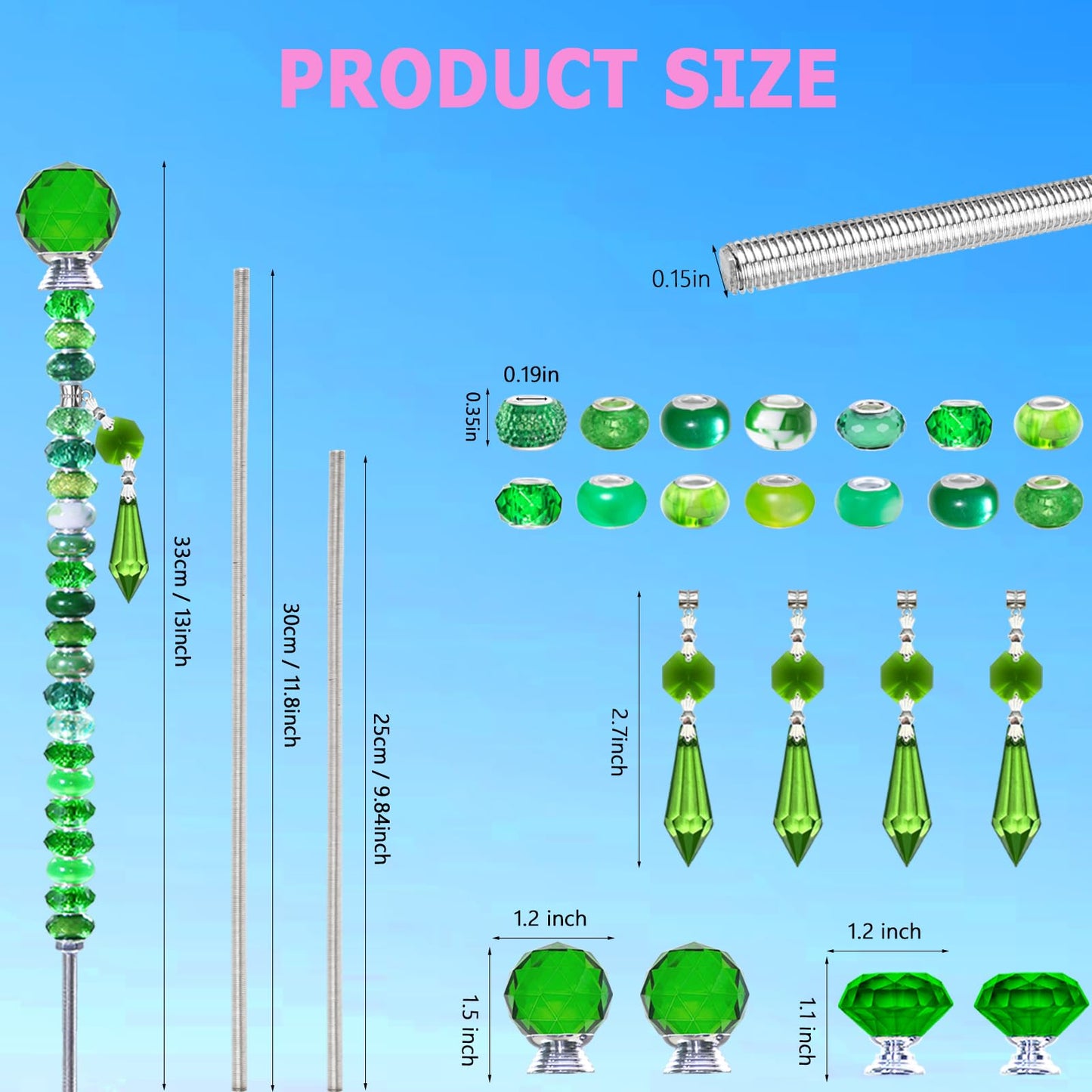 Exway 100 PCS DIY Fairy Wand Beaded Garden Stake Beads Kits with Green Large Hole Beads 4 Crystal Stopper Top Threaded Rods and 4 Green Sparkling Crystal Pendants for Outdoor Indoor Decor