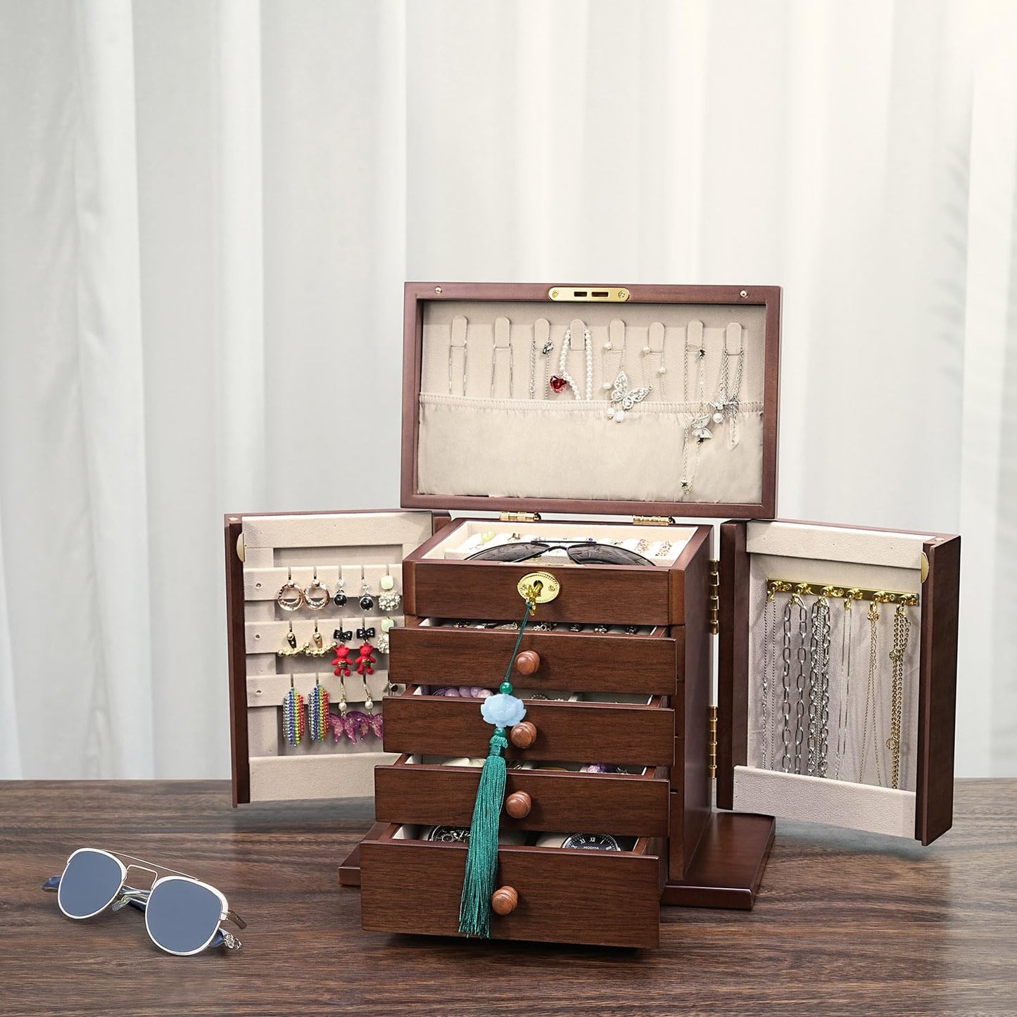 Artisticbox wooden Jewelry Box and Organizer - 8-Layer Lockable Wooden Jewelry Boxes for Women - Large Jewelry Boxes and Organizer with Key,Gift for Wife,dresser top jewelry box with lock