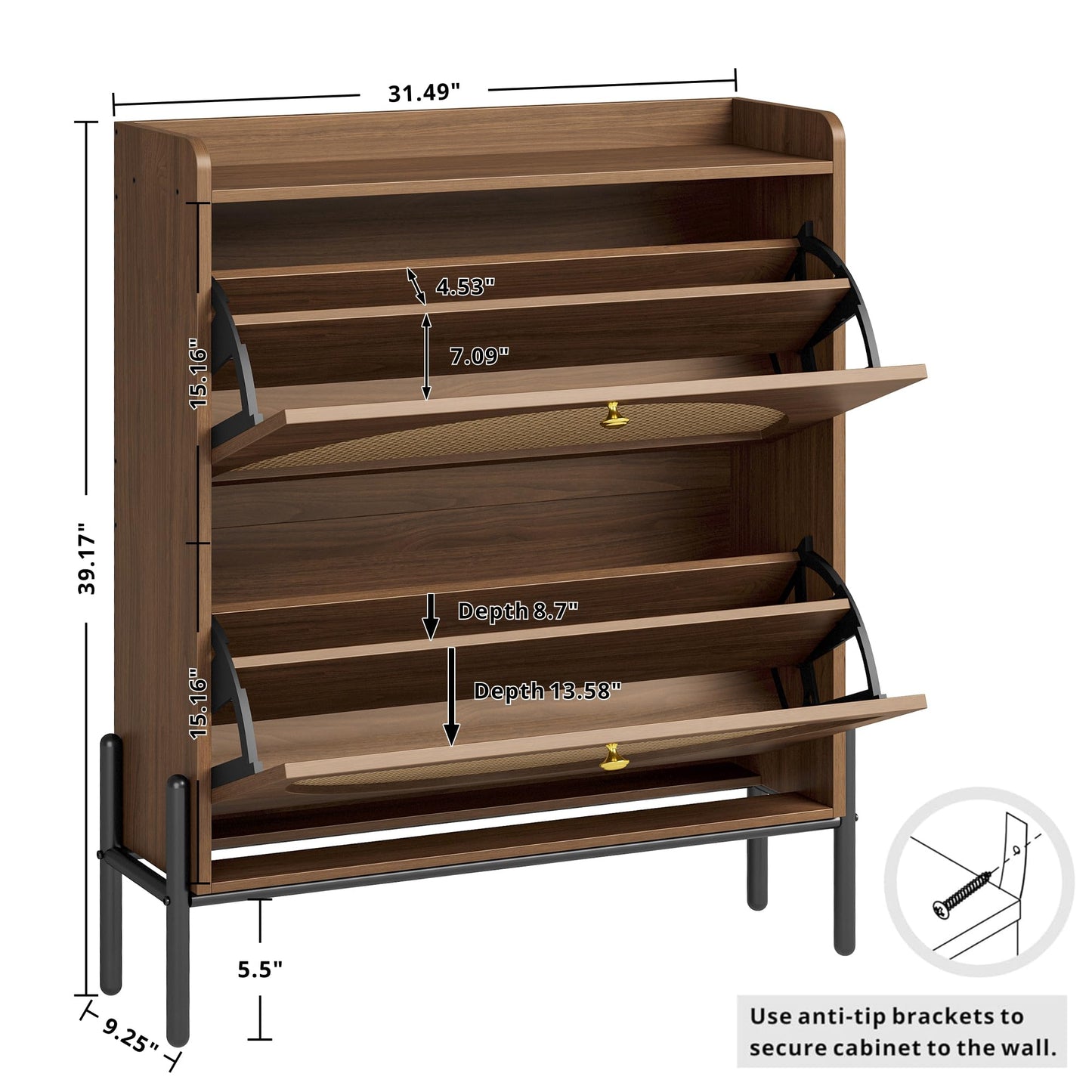 IRONCK Shoe Cabinet Storage with 2 Flip Drawers, Free Standing Wooden Shoe Storage Organizer Cabinet with Rattan Doors for Entryway, Narrow Shoe Rack Cabinet, Walnut