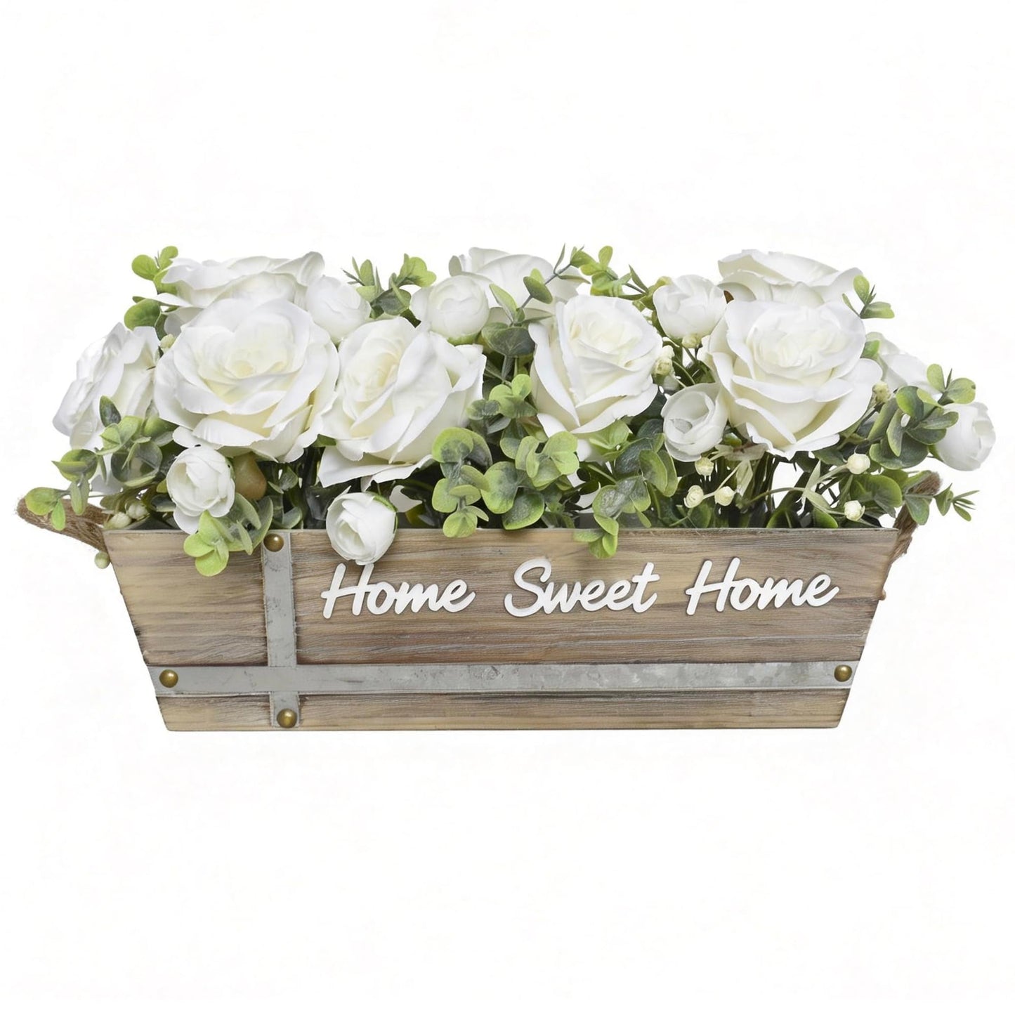 ANMAYNICE Artificial Rose Flower Arrangement with Eucalyptus in Wooden Planter, Faux Flowers Farmhouse Table Centerpiece, “Home Sweet Home” Rustic Home Décor, White