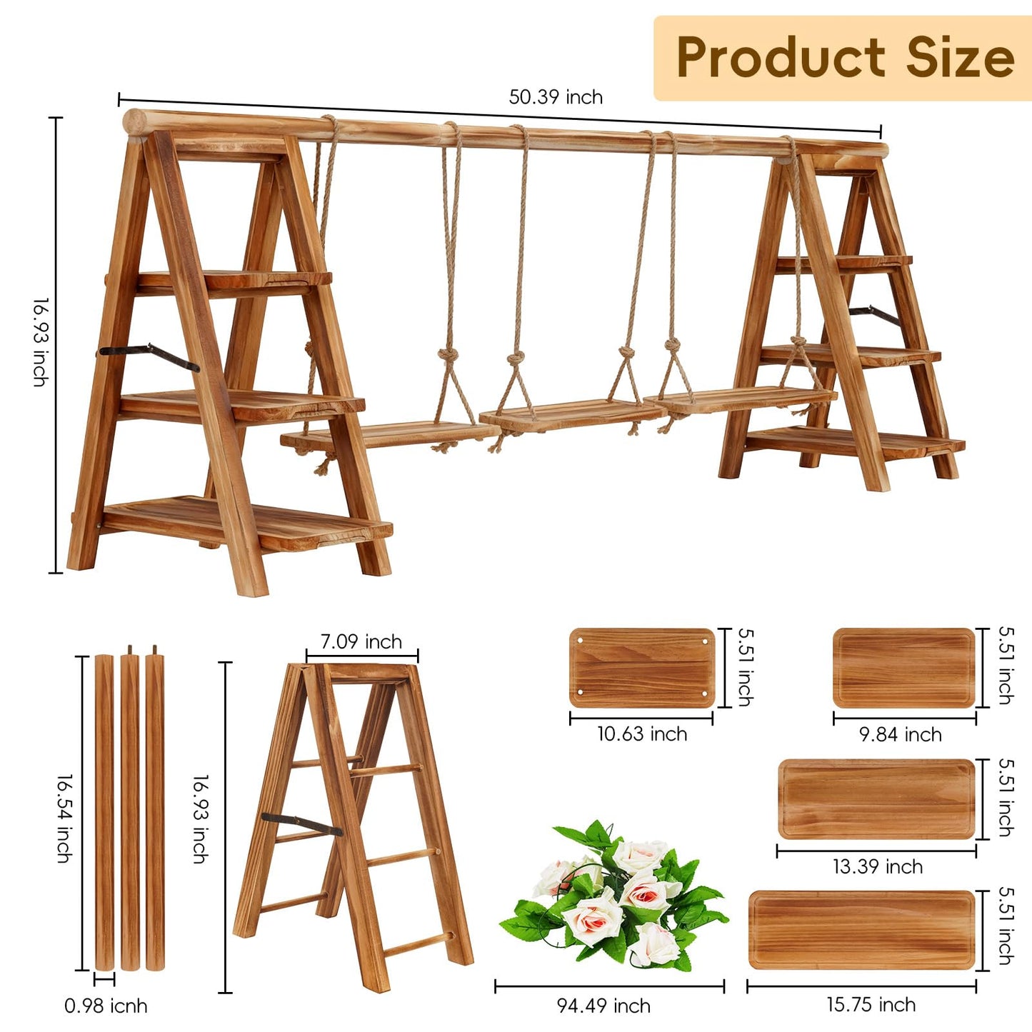 Wooden 3 Tier Cupcake Stand with Artificial Flower Vine Hanging Swing Trays Foldable & Removable Design for Birthday Wedding Catering Baby Shower Party
