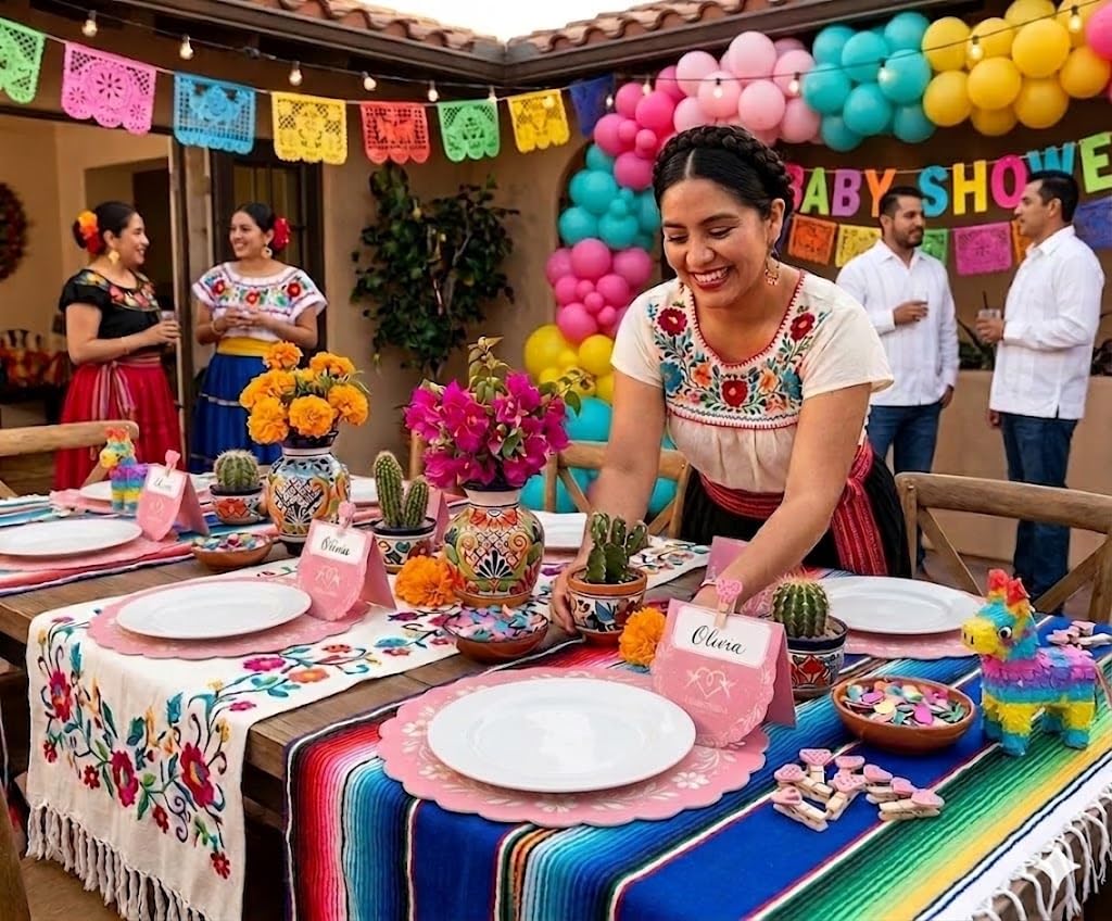 LPMingjia Cielito Lindo Mexican Fiesta Table Decor Kit, 150 Pcs Disposable Pink Scalloped Round Paper Placemats 50 Place Cards with Wooden Clips for Bridal Shower, Wedding, Cinco de Mayo