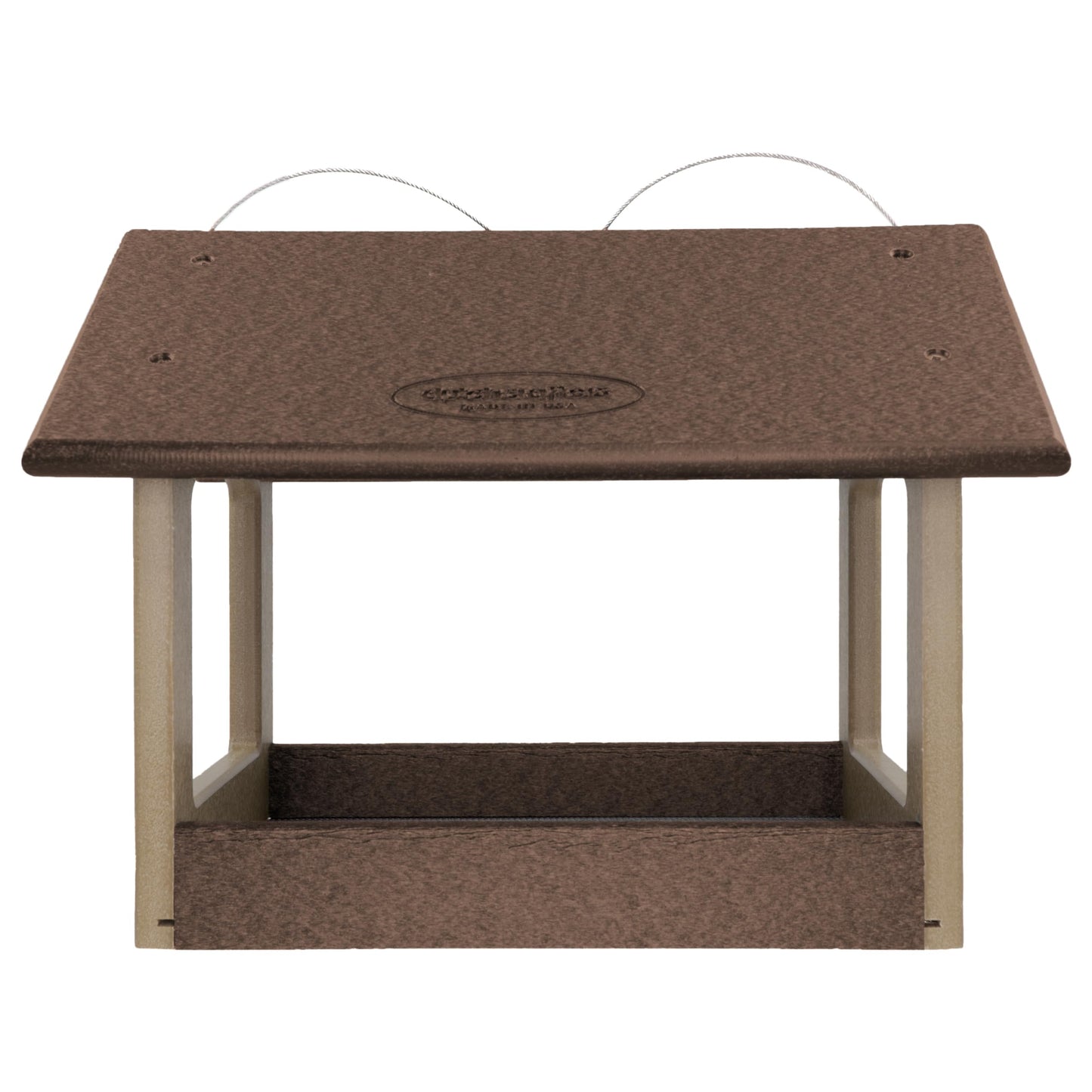 DutchCrafters Amish USA Made Recycled Plastic Large Hanging Modern Fly Through Covered Roof Open Platform Tray Bird Feeder for Outdoors, Garden, Yard (Tudor Brown & Weatherwood)