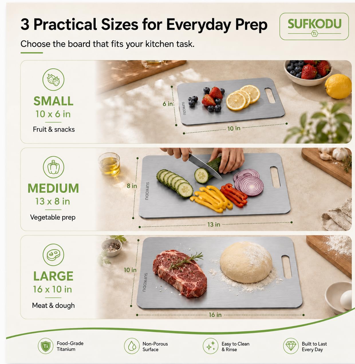 Titanium Cutting Board Set of 3, 100% Double-Sided Titanium Cutting Boards for Kitchen, Dishwasher Safe Non-Toxic Chopping Boards for Meat, Vegetables, Fruits, Raw and Cooked Food Prep (M+L+XL）