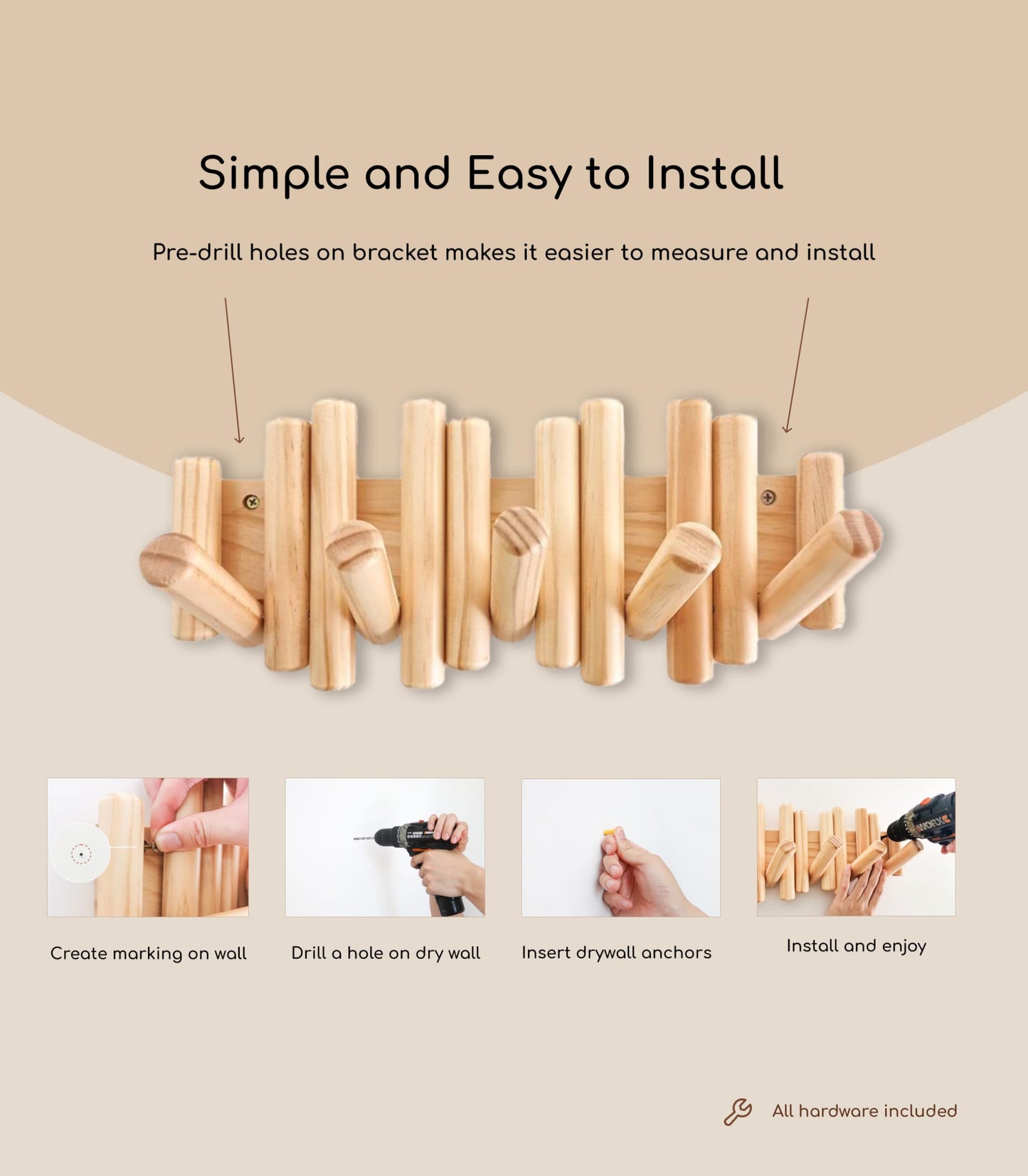 Flynt Ave. Modern Wooden Wall Mounted Coat Rack, 5-Hooks, Decorative Wall Hooks for Purse, Bags & Hats, Heavy Duty, Sturdy, Natural Pine Wood, Pull Down Hooks, Easy to Install