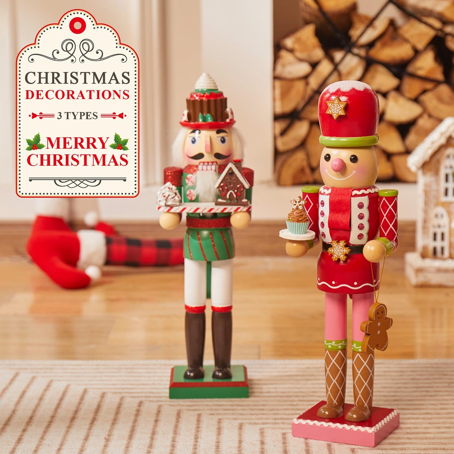 Geetery 3 Pcs Valentine Nutcracker Figures Decor 14 Inch Wood Pink Nutcracker Table Centerpiece Valentine Gift for Holiday Shelves Indoor Tabletop(Gingerbread Style)