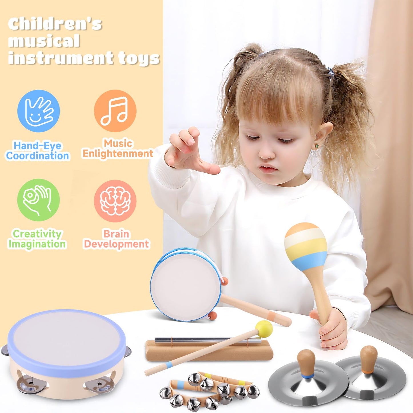 Baby Musical Instruments for Toddlers 1–3, Montessori Wooden Music Set with Drum Flute Clarinet Bells Cymbals, Toddler Musical Instruments Educational Kids Toys Birthday Gifts for Boys Girls