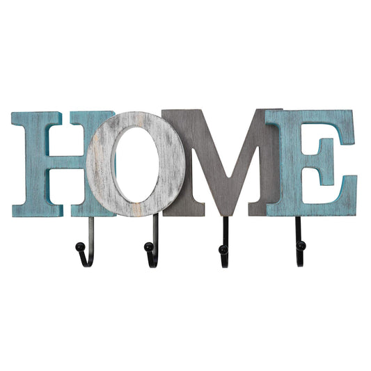 Linfevisi Wooden Home Sign Aqua Hanging Block Letters Sign Rustic Wood Word Decor Home Wall Sign Cutout Word Art Wall Decor Decorative Key Holder Hanger with 4 Hooks (home)
