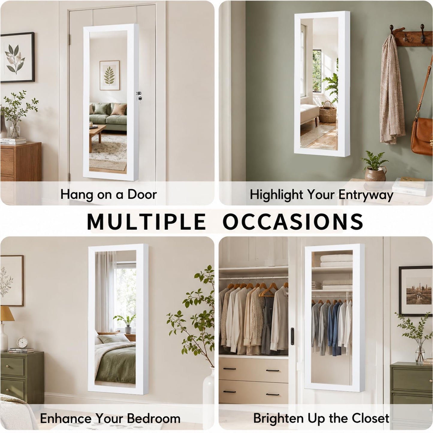 JOYUSAEN Over the Door Jewelry Organizer, Wall Mounted Jewelry Cabinet, Hanging Mirror with Storage Box, Wall/Door Mounted Full Length Mirror with LED