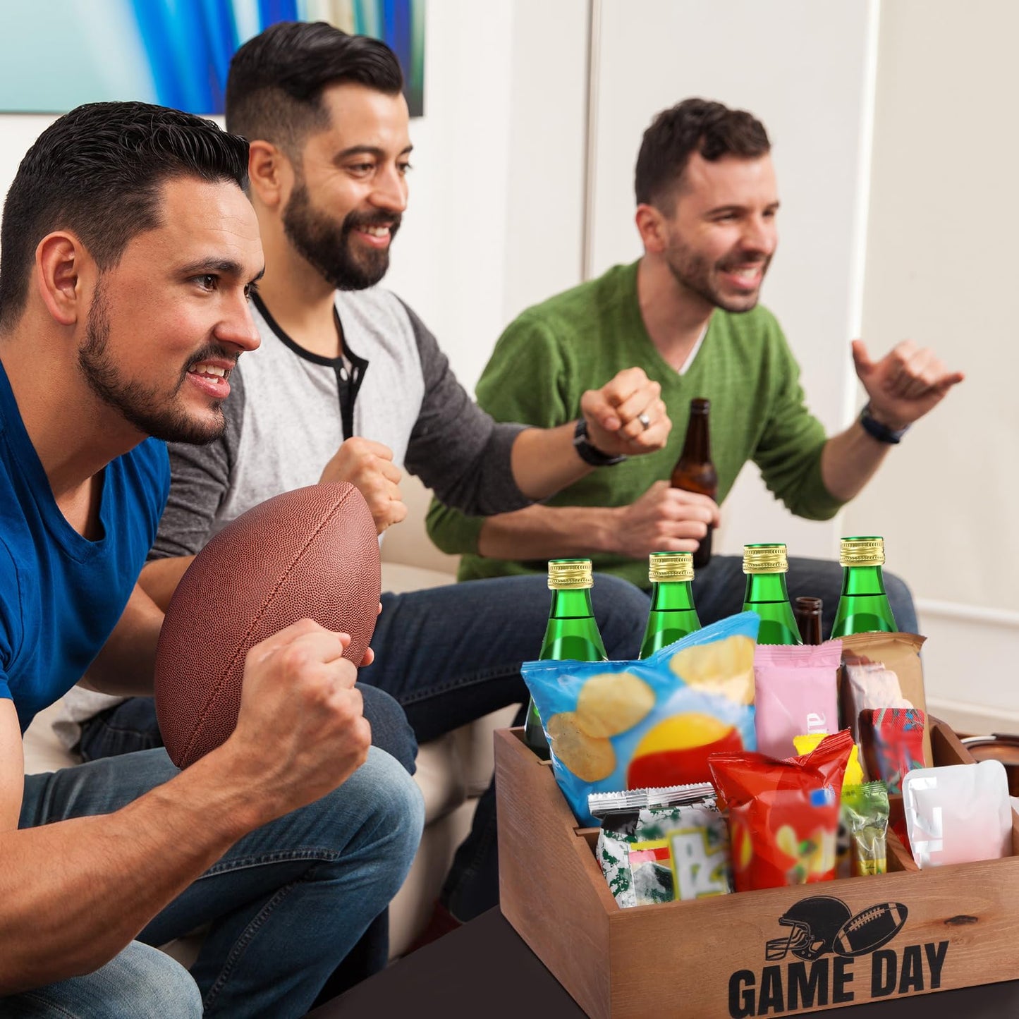 Colingmill Football Game Day Snack Tray, Wooden Reusable 5 Compartment Gift Basket Organizer, Popcorn Bucket Bowl Box for Game Day Party, Family Room, Home Theater, Sports Night Decorations