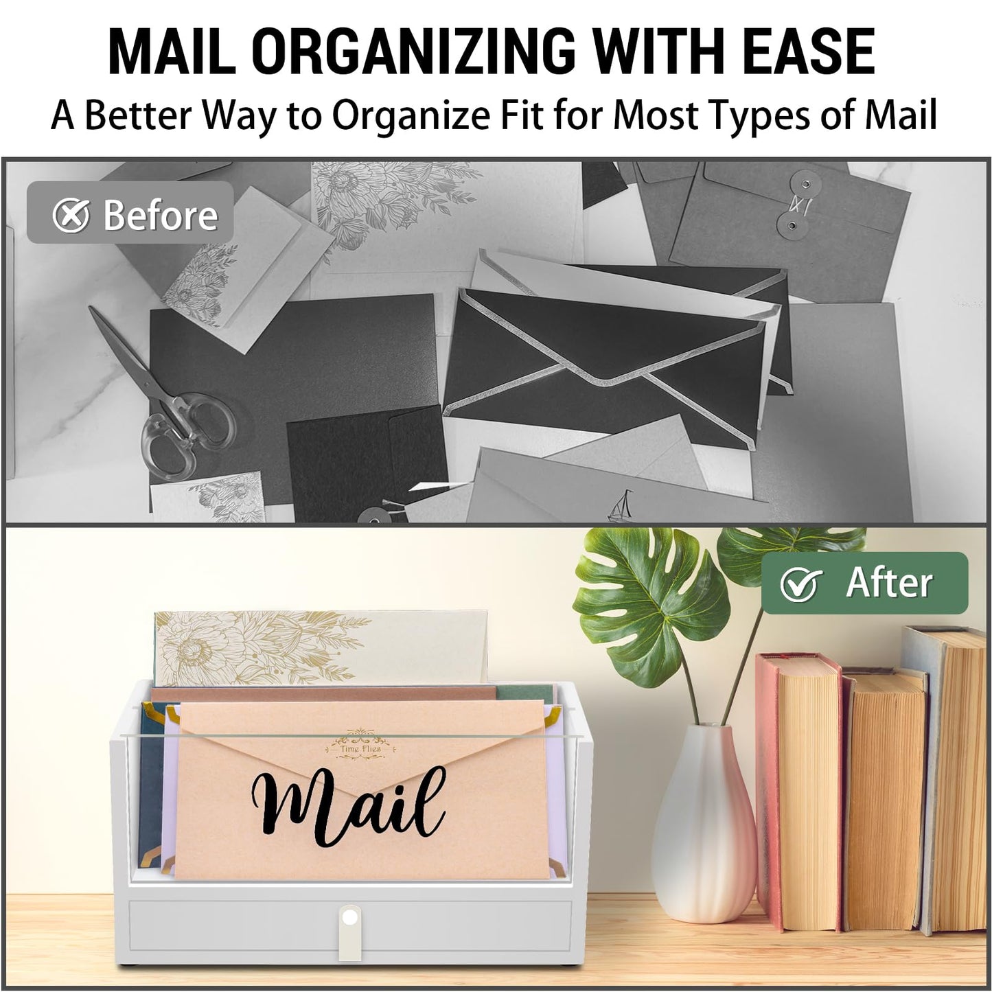 Two-Layer Solid Wooden Mail Storage Organizer Holder with Clear Acrylic Top and Bottom Drawer, Leather Handle, Keeping Mail, Bills, Letters, Cards and Office Supplies in One Place, Home Decor Gifts