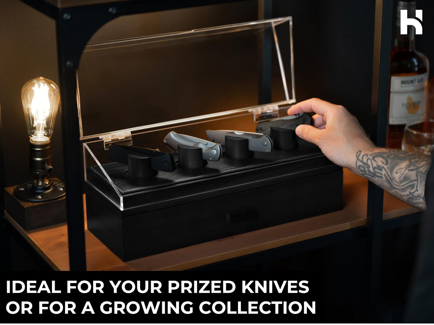 Premium Pocket Knife Display Case for 10 Knives - Wooden Knife Organizer, Storage & Holder with Unique Pillars, Hinged Cover, Drawer - Knife Collection Box - Handcrafted Father's Day Present for Men