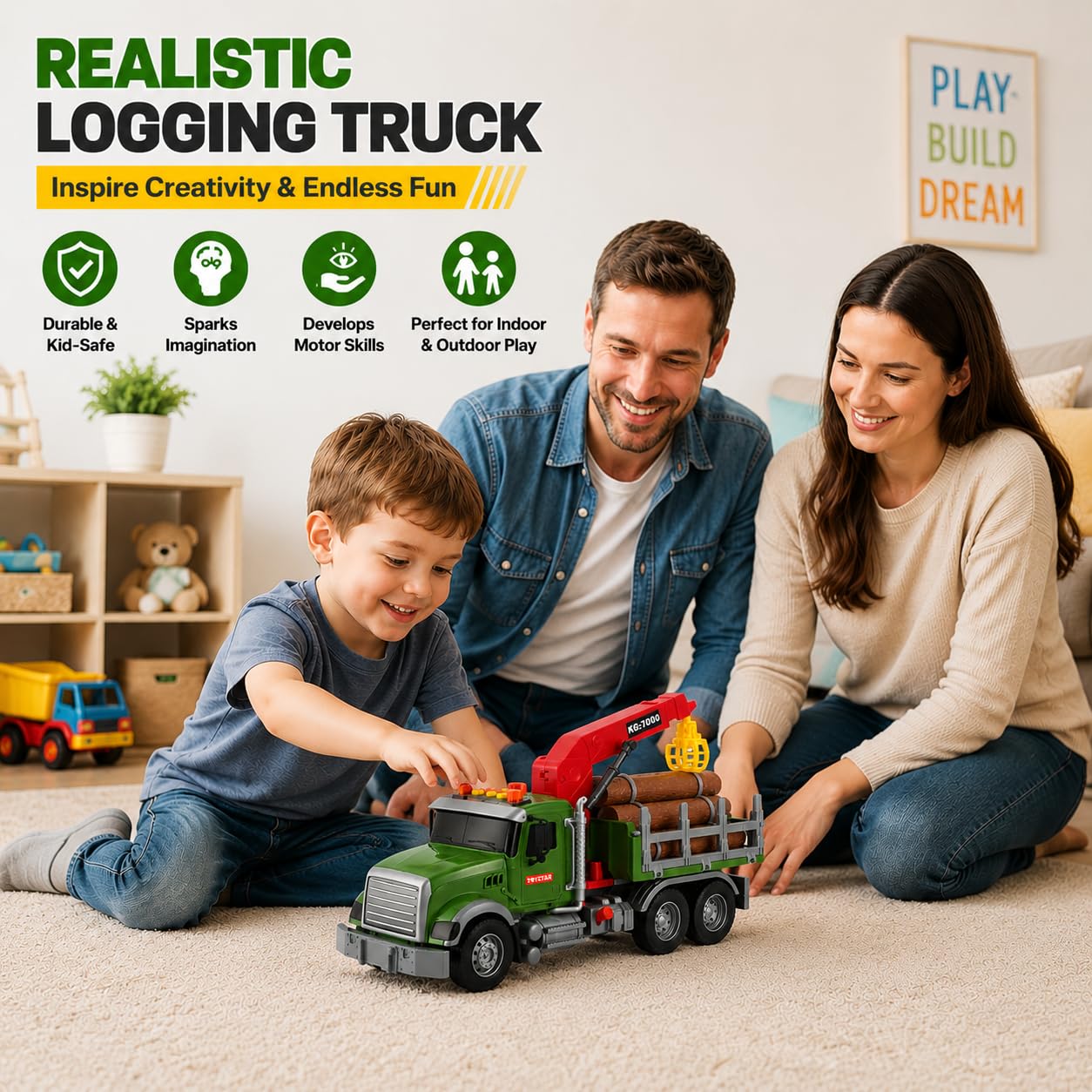 15" Green Crane Truck Toy,Logging Truck Tow Truck Toy,Construction Trucks for Boys Girls 3 4 5 6 7 8 Years Old,with Lights & Sounds,Holiday and Birthday Gift