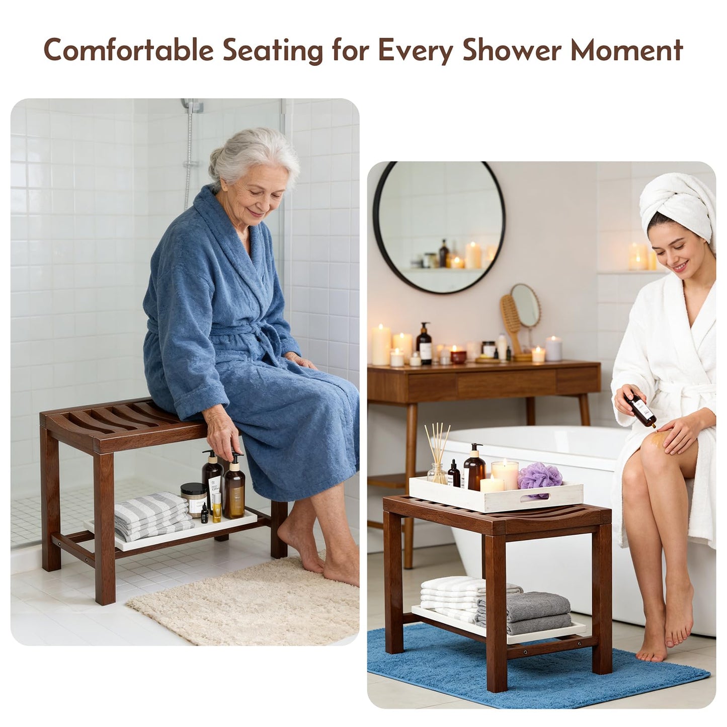 Azlafu Rubber Wood Shower Bench, Non-Slip Waterproof Wooden Shower Stool for Adults & Elderly, Sturdy Bath Seat for Inside Shower or Tub – 24.02" D x 14.96" H x 6.3" W
