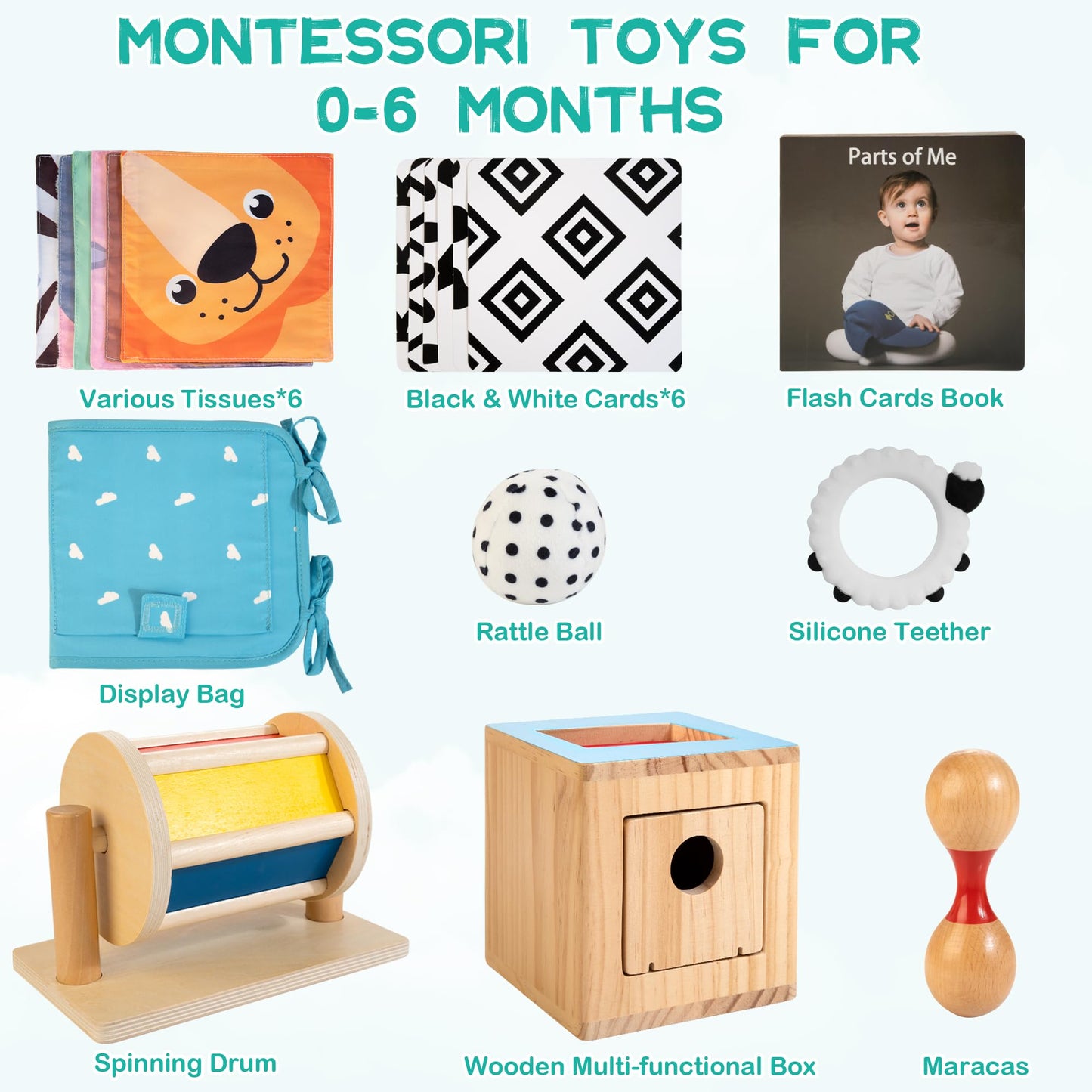 WOODMAM Montessori Toys for Babies 0-6 Months, 9 in 1 Learning Educational Baby Gifts for Newborn 0-3-6 Months, Includes High Contrast Cards, Baby Tissue Box Toy, Spinning Drum, Teether and More