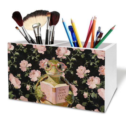 HYKDFMNCJ Motivational Reading Turtle Pen Holder for Desk, Pink Rose Floral Turtle Wooden Box Sign Desk Decor for Reading Nook Corner Room Decoration, Book Lover Gifts Pencil Organizer