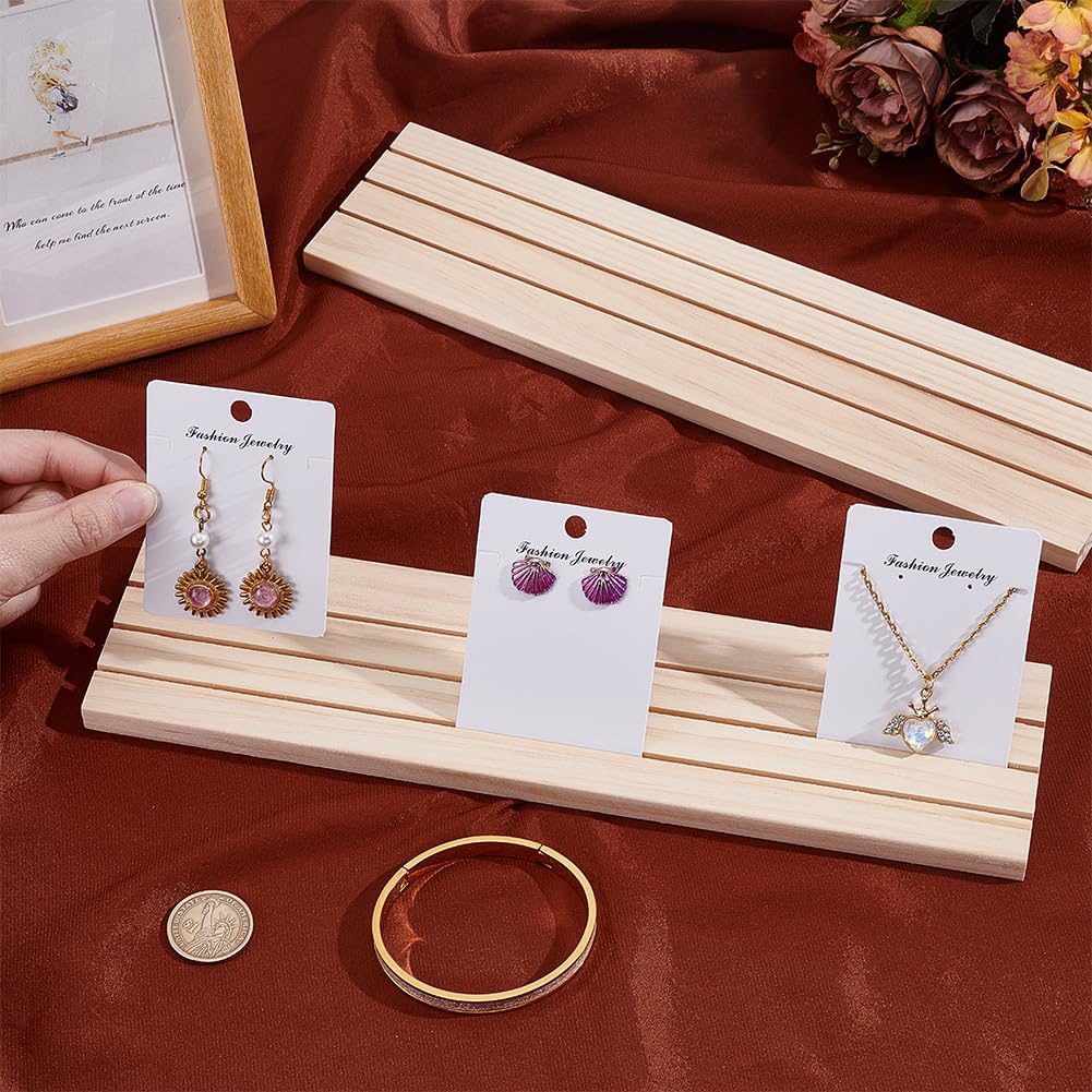 PH PandaHall 2PCS Wooden Earring Display Stand 3 Slot Business Card Holder Jewelry Show Tray Rectangle Ring Organizer Holder for Tabletop Shows Ring Craft Showing Jewelry Display, 11.8x3x0.4inch