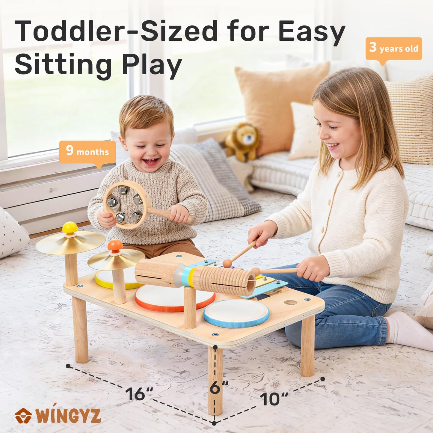 WINGYZ Kids Drum Set – 9-in-1 Montessori Toys for 1-3 Year Old & Wooden Musical Instruments for Toddlers, Baby Musical Toys with Drums, Xylophone, Helps Hand-Eye Coordination, Gift for 1-3 Boys Girls