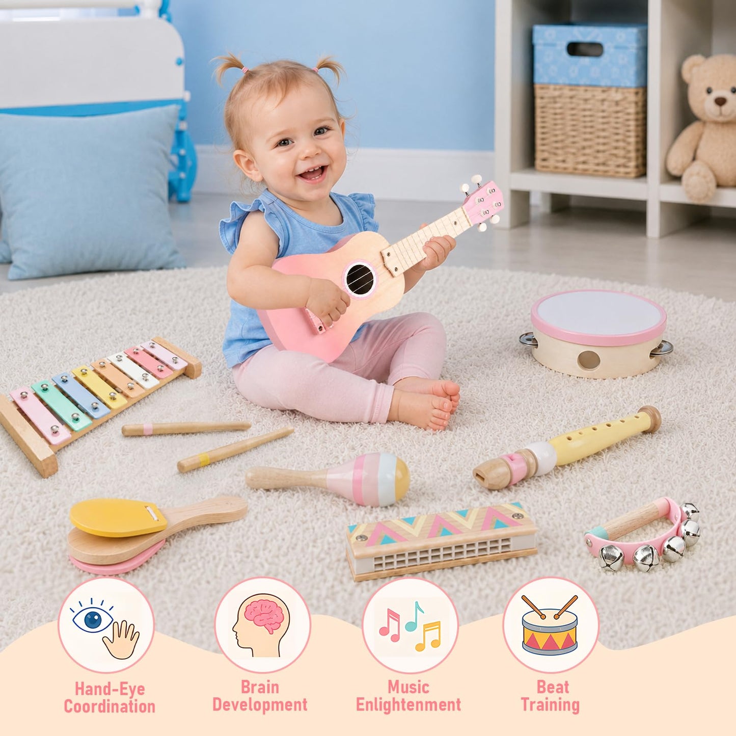 Pink Kids Guitar Set - 8 in 1 Toddler Montessori Musical Instruments