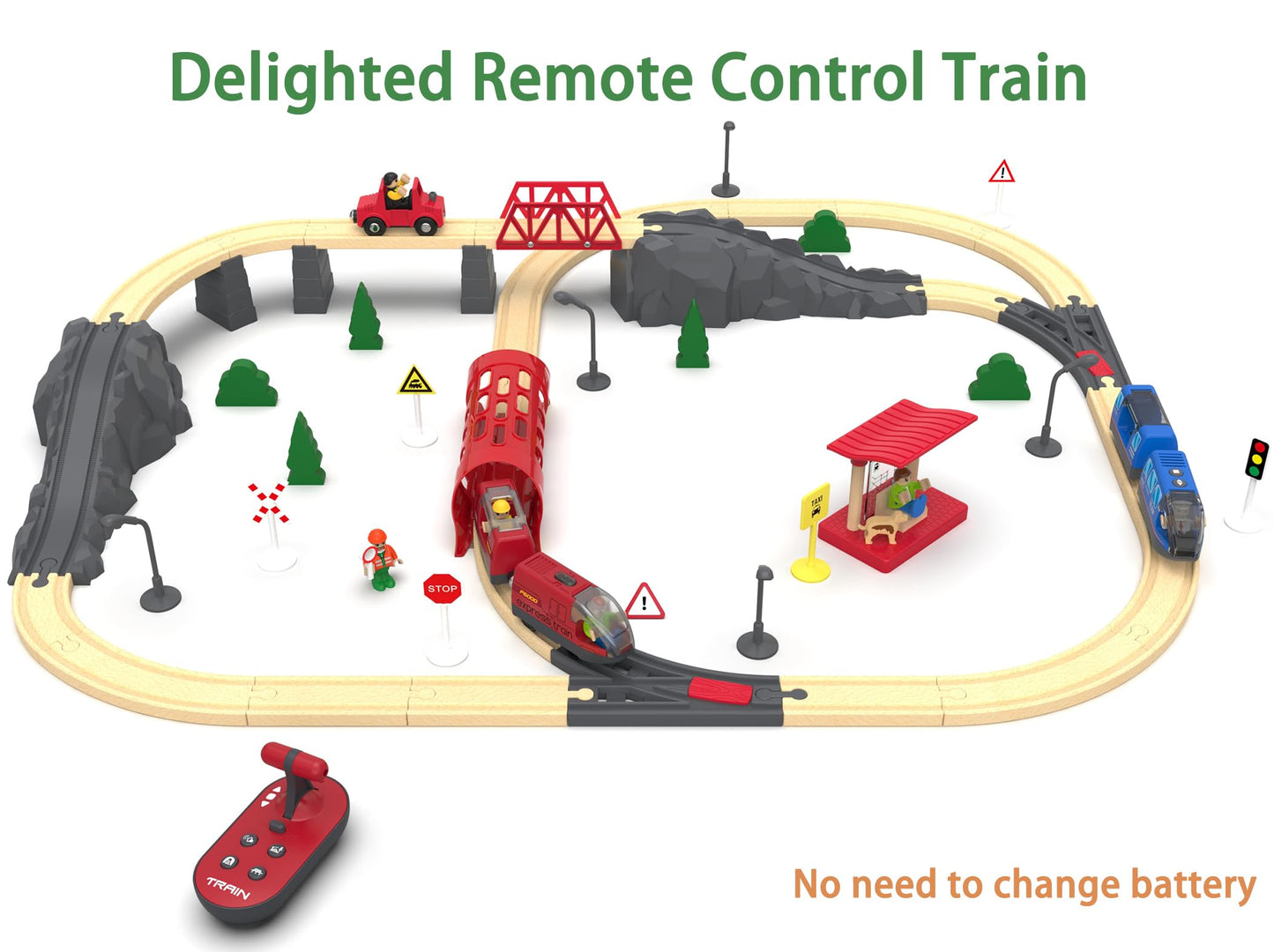 Remote Control Train Set with Light & Sound Tunnel – Battery Operated Bullet Train for Wooden Track, Compatible with Thomas & Brio, Gift for Kids 3-5