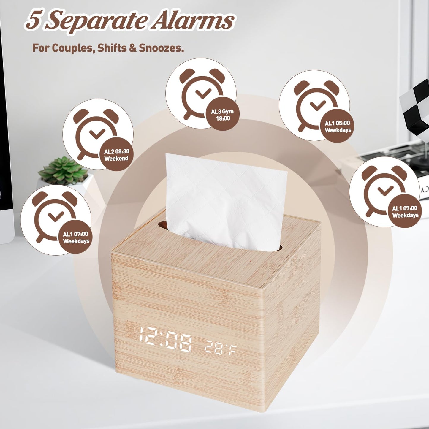 ANHUXINLEI Wooden Tissue Box Cover - Digital Square Holder with Dimmable Alarm Clock, Temperature and Date Display - Cordless Home Decor for Office Desk, Nightstand and Bedroom Organization
