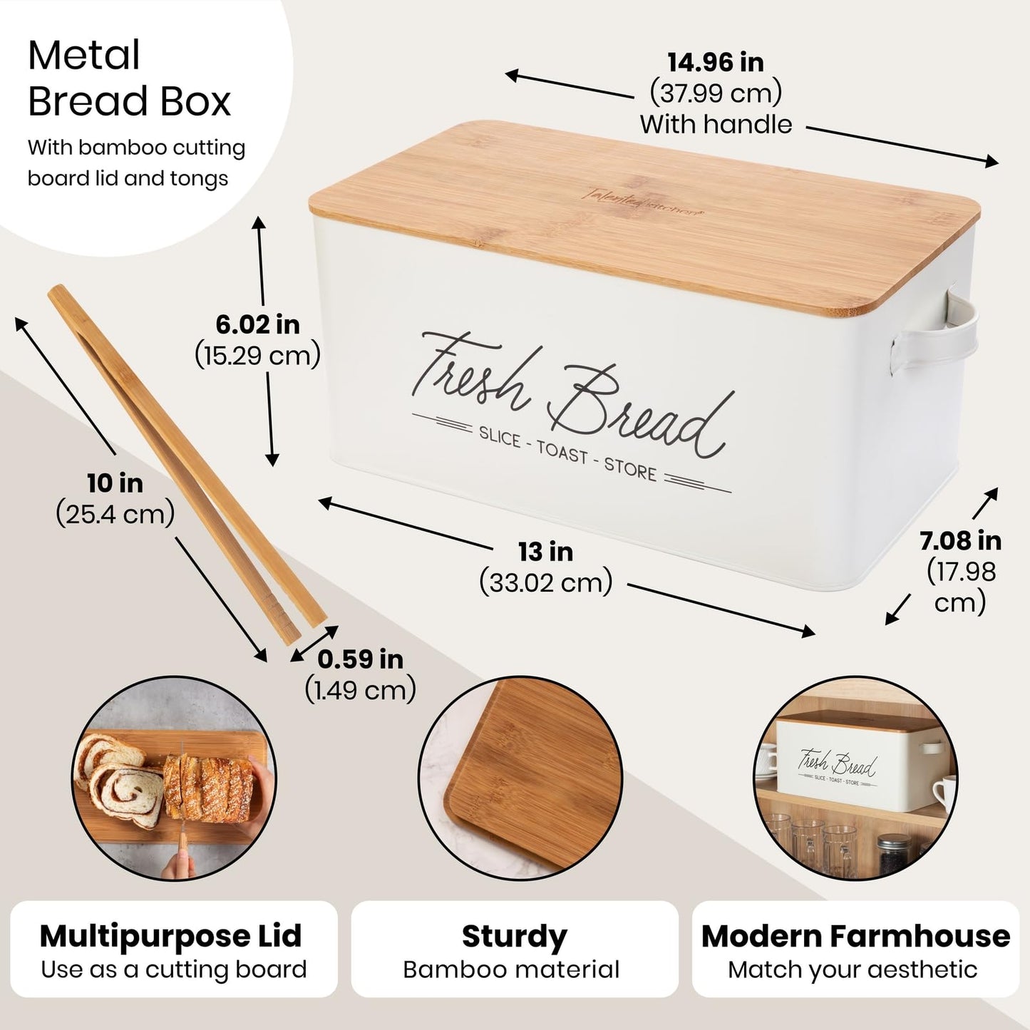 Talented Kitchen Countertop Bread Box - White Metal, Airtight Storage Container with Wood Cutting Board Lid & Side Handles - Wood Tongs Included - Bread Storage Container for Kitchen Organization