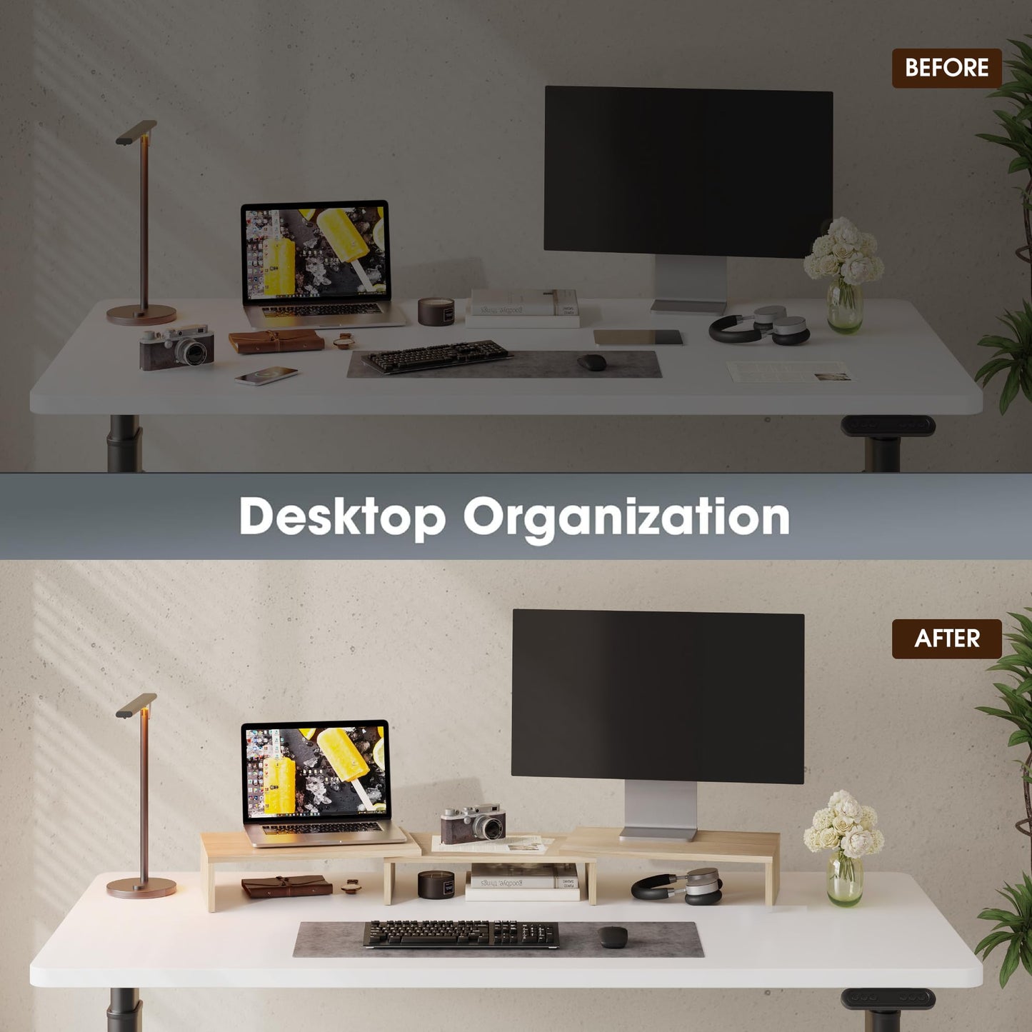 FITUEYES Dual Monitor Stand – 3 Shelf Computer Monitor Riser, Wood Desktop Stand with Adjustable Length and Angle, Desk Accessories, Office Supplies Medium Oak, DT108006WO