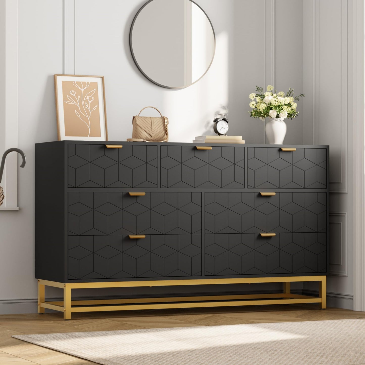 IDEALHOUSE Dresser for Bedroom, 53.5” Wide Dresser Organizer, 7 Drawer with Golden Metal Handle and Legs, Large Modern Chest of Drawers for Closet, Hallway, Living Room, Entryway, Black
