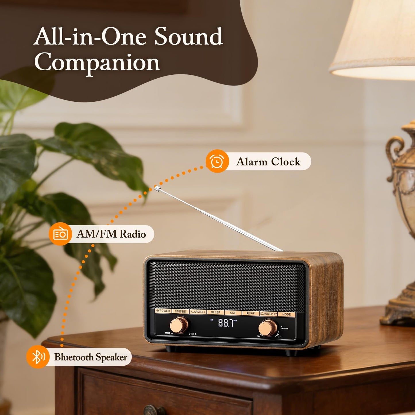 Audiocrazy Vintage Wooden AM FM Radio with Bluetooth, Digital Clock Radio for Bedroom with 80 Station Presets, Tap to Snooze, Sleep Timer, Clear LCD Display for Home Office (Deep Walnut)