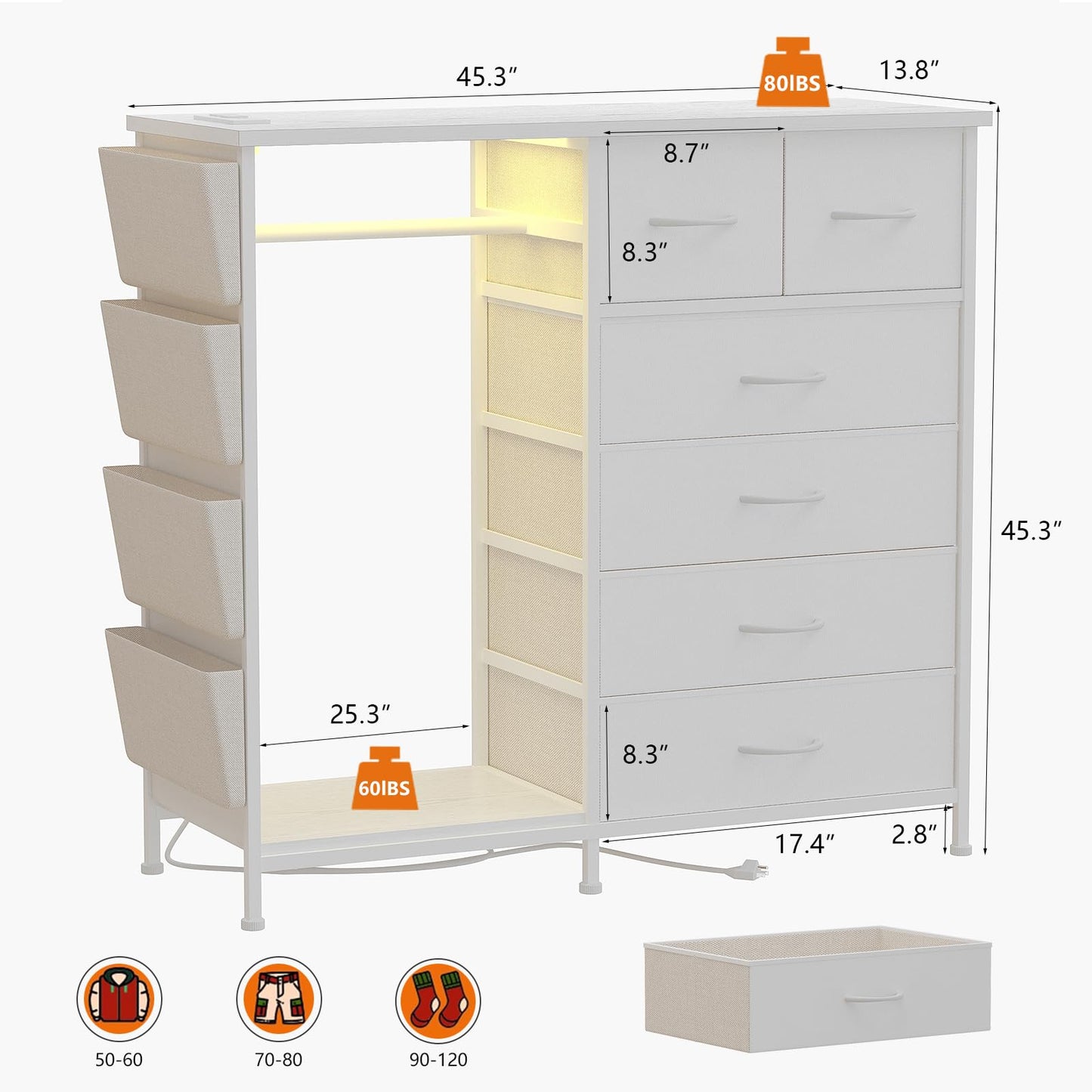 WODRAWER 6 Drawer Dresser for Bedroom with Clothes Rack, Clothes Dresser with Side Pockets and Hooks, Charging Station & LED Lights, Wooden Top, Fabric Storage (White)