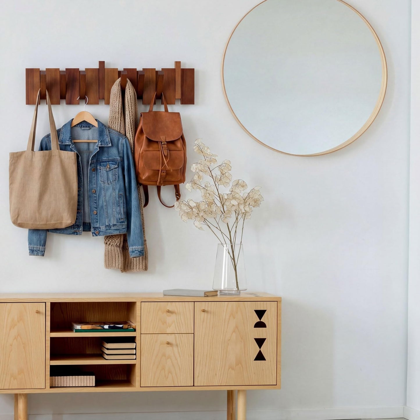 Youyole 8 Hooks Mid Century Modern Wooden Coat Hooks Wood Color Wall Mounted Folding Coat Rack Hanger Heavy Duty Flip Down Piano Hat Rack for Hanging Coats Hats Home