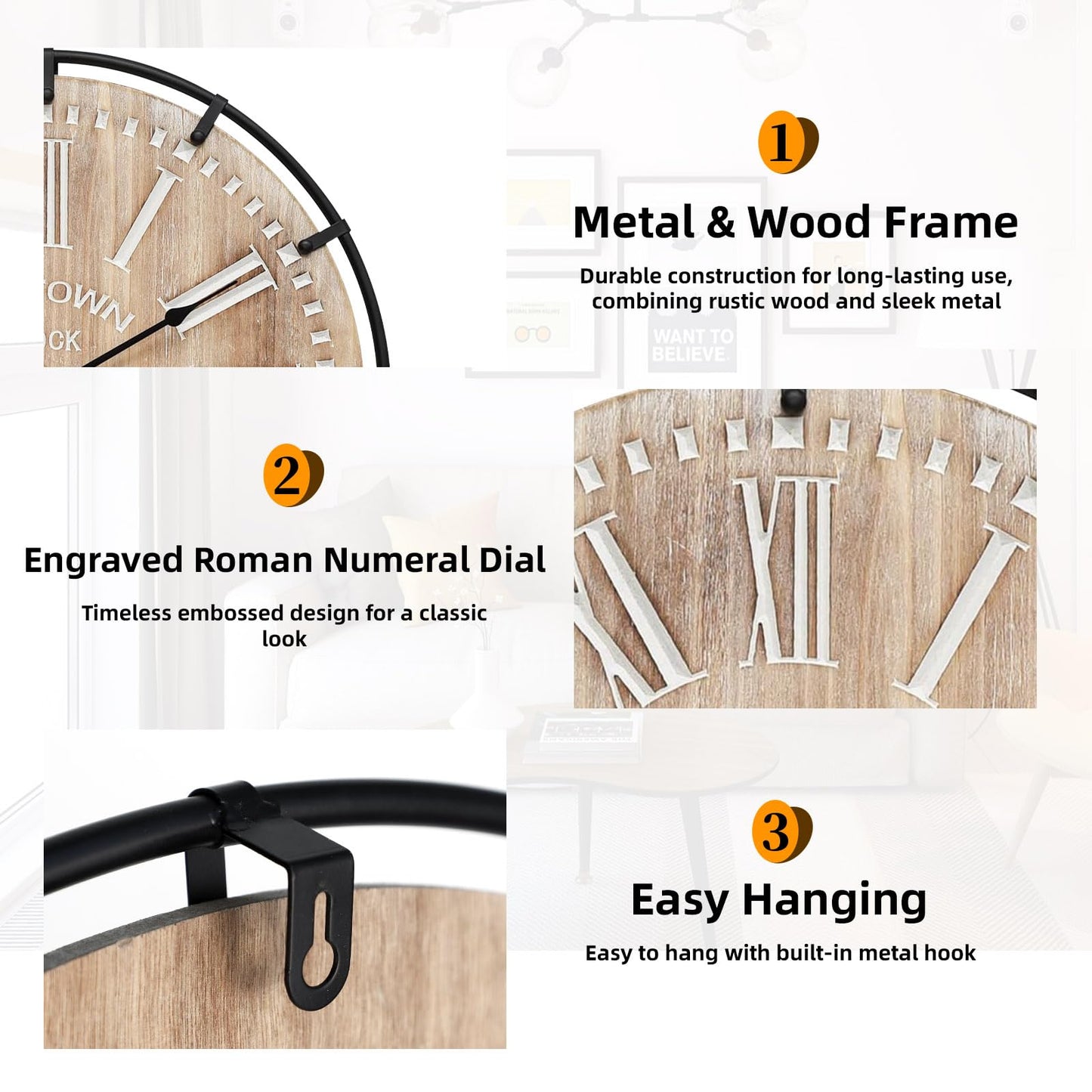 MODE HOME 24 Inch Large Farmhouse Wall Clock,Rustic Wooden Wall Clock Decorative with Metal Circle and Engraved Numerals, Silent Battery Operated for Kitchen Bedroom Living Room Fireplace Mantel