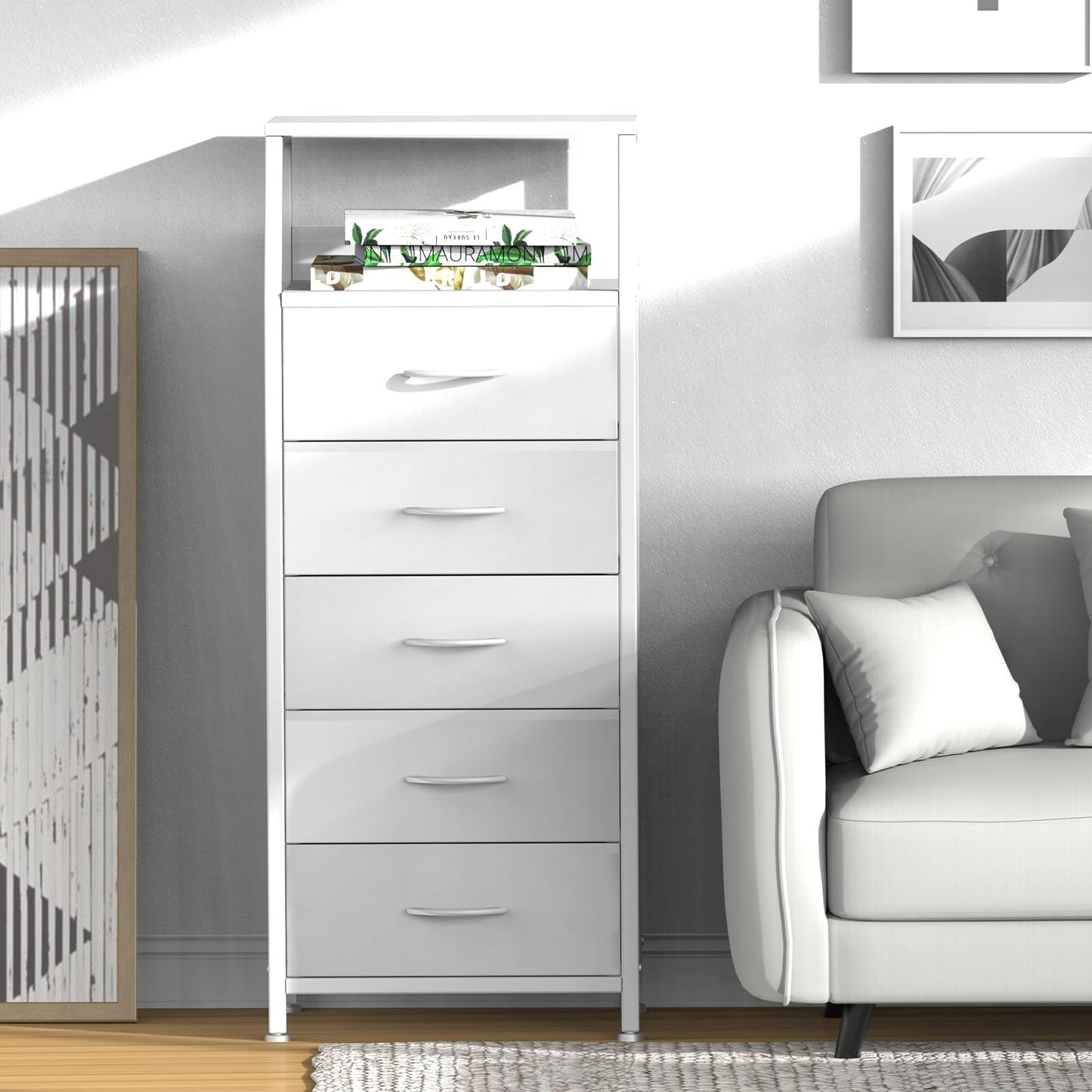 Ollieroo White Dresser for Bedroom, Storage Organizer with 5 Drawers, Vertical Fabric Storage Stand, Nightstand Bedside Table, Sturdy Steel Frame & Wooden Top