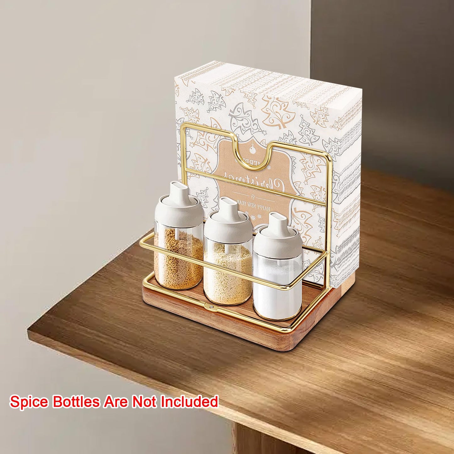 Livabber Napkin Holder, Metal Napkin Storage with Salt and Pepper Shakers Caddy Modern Napkin Dispenser for Table Kitchen Countertop, Not Including Salt and Pepper Shakers (Middle Wooden, Gold)