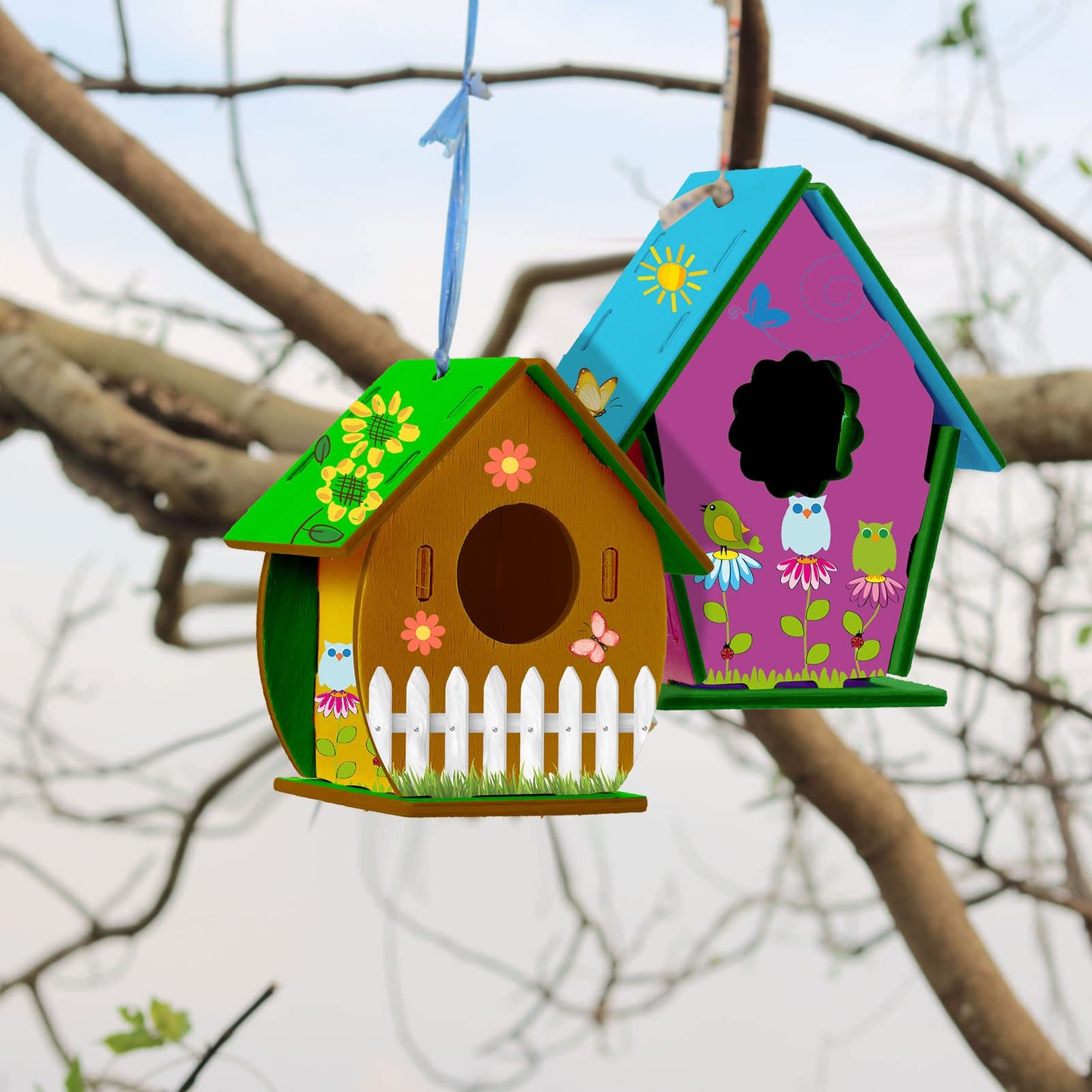 Sawysine 93 Pcs DIY Birdhouse Kits for Kids to Build, 36 Wooden Bird House 6 Shapes and 57 Butterfly Sticker for Children Summer Craft Activity Art Project DIY(Multiple Entrance)