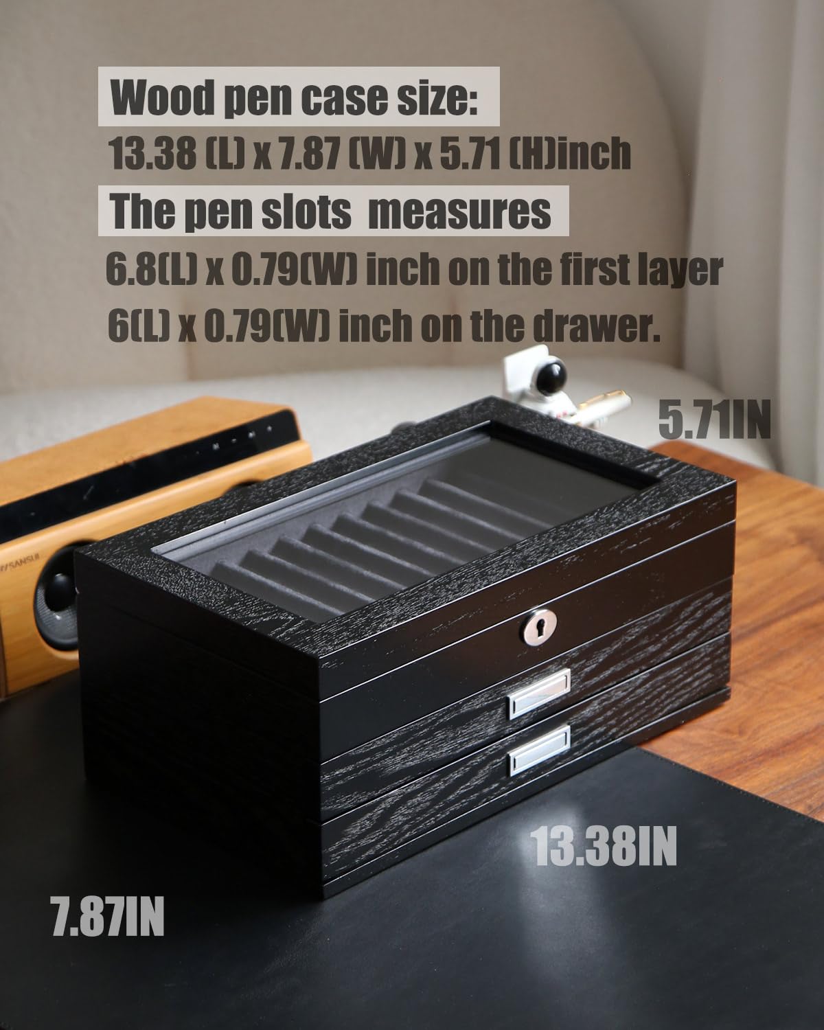 Besforu wood pen display case 36 slot Fountain pen Box storage Organizer with drawer, Top Glass Window Pen Collection Display Case