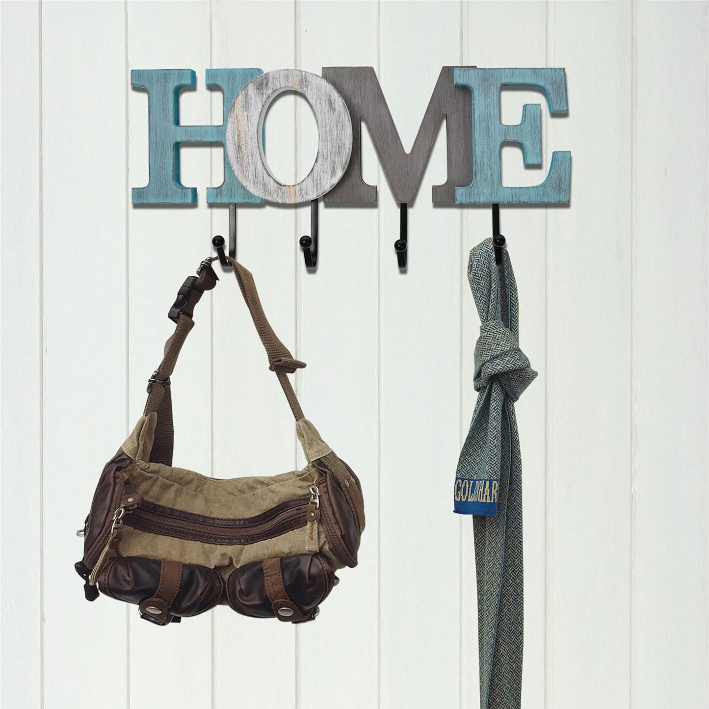Linfevisi Wooden Home Sign Aqua Hanging Block Letters Sign Rustic Wood Word Decor Home Wall Sign Cutout Word Art Wall Decor Decorative Key Holder Hanger with 4 Hooks (home)