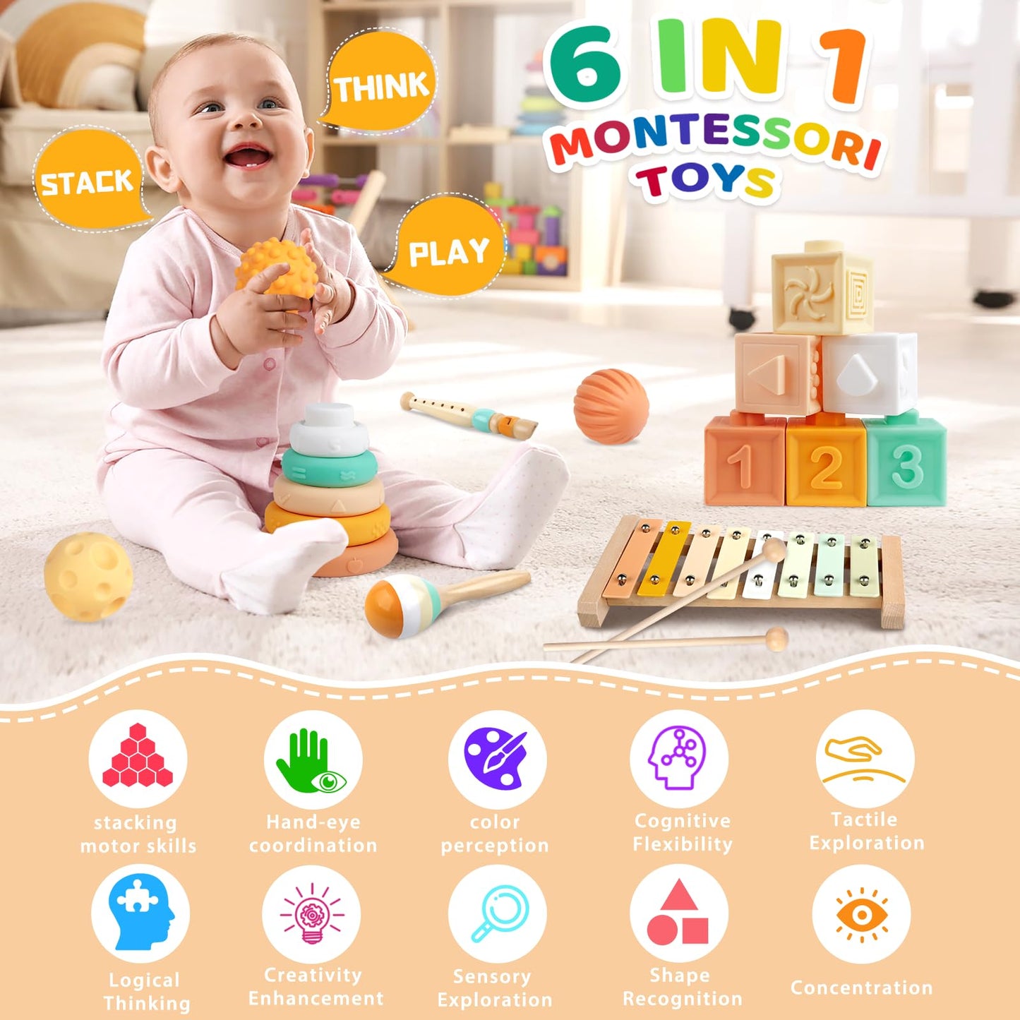 Wuzhineisn Baby Toys Montessori Toys 6 in 1 Musical Instruments for Toddler, Stacking Blocks Development Learning Educational Toy with Wooden Xylophone Infant Baby Birthday Gift
