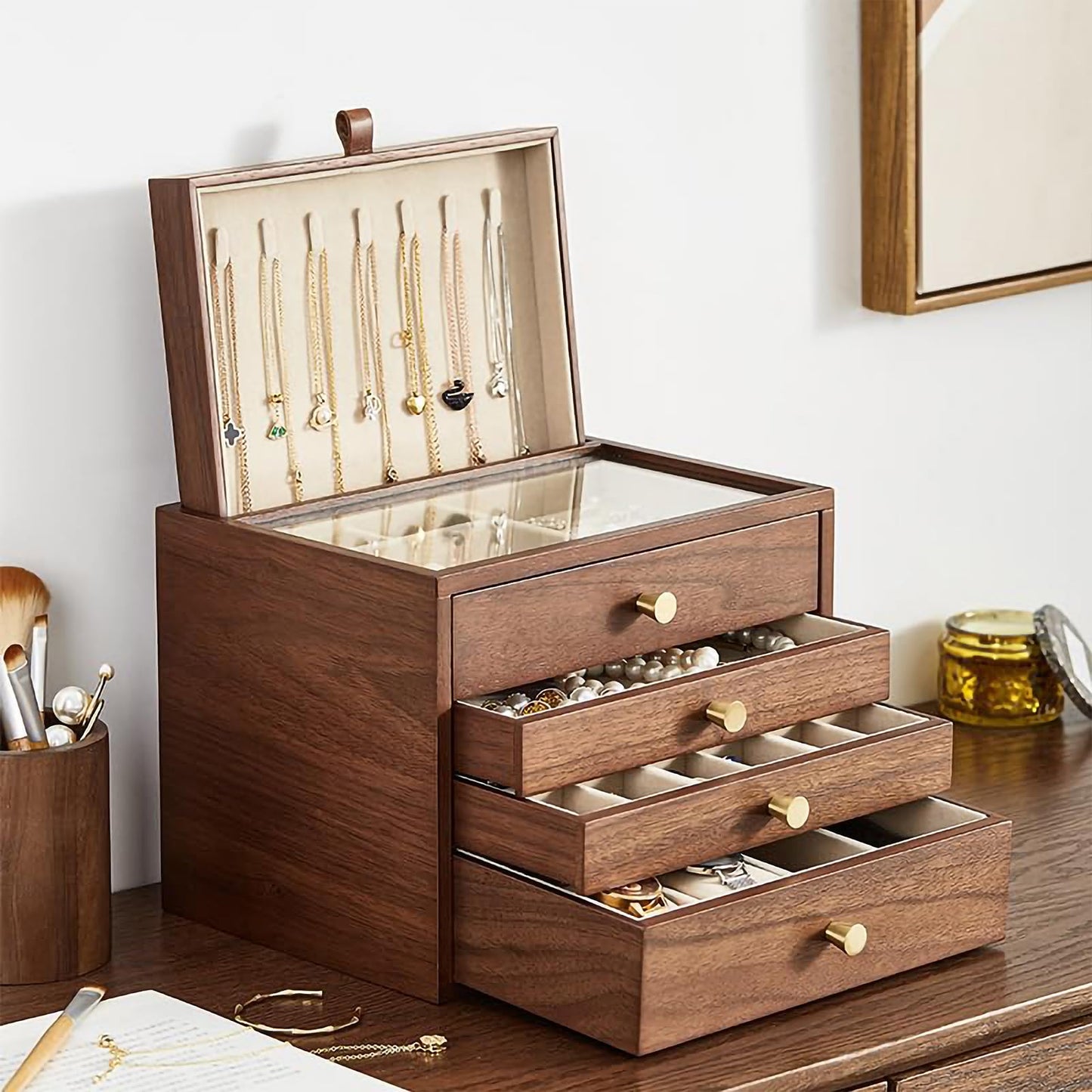 Homruilink Black Walnut Wooden Jewelry Box for Women 4 Layer with Glass Lid and Pull-out Necklace Storage Layer Watch Necklace Ring Earring Storage, Fathers Day Gift